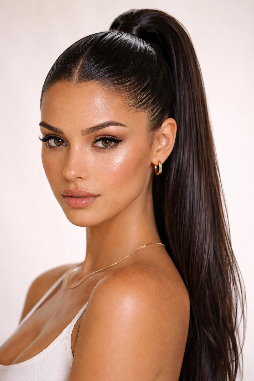 Close-up of a glossy wet-look high middle-part ponytail.