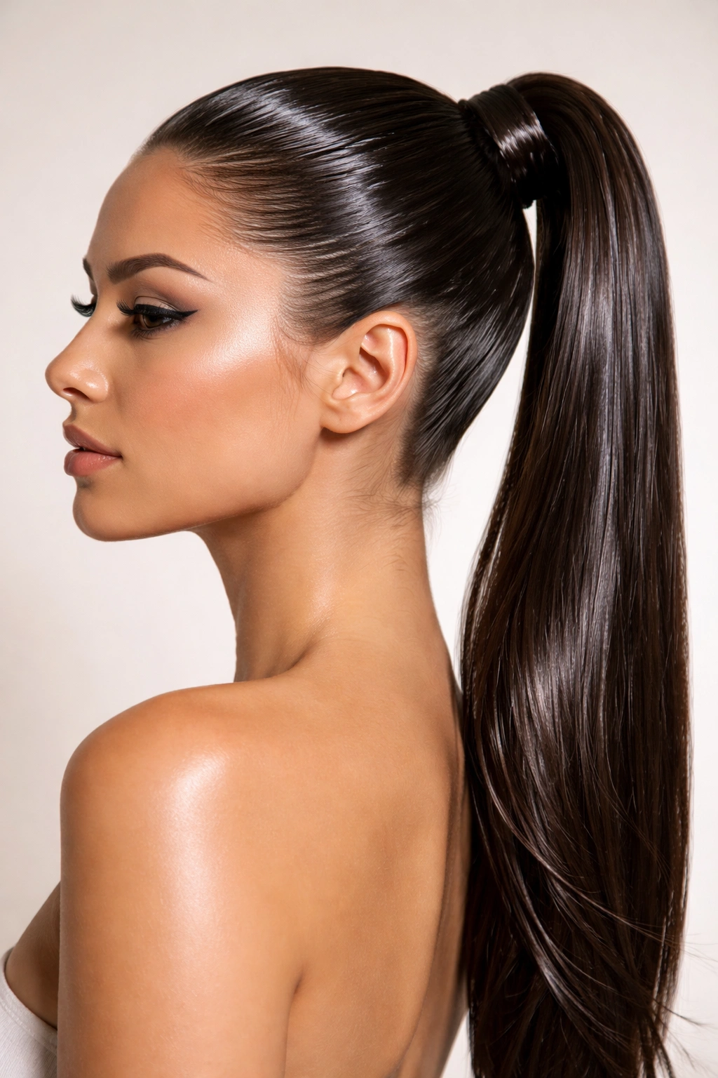Sleek wet-look ponytail with gel lock showing glossy, smooth strands