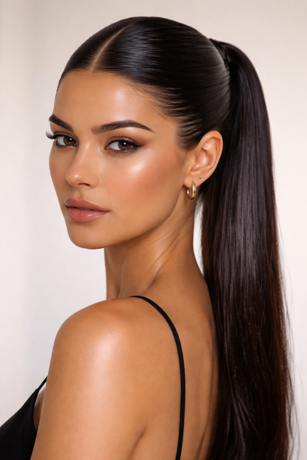 Glossy wet-look ponytail with sharp middle part, studio lighting