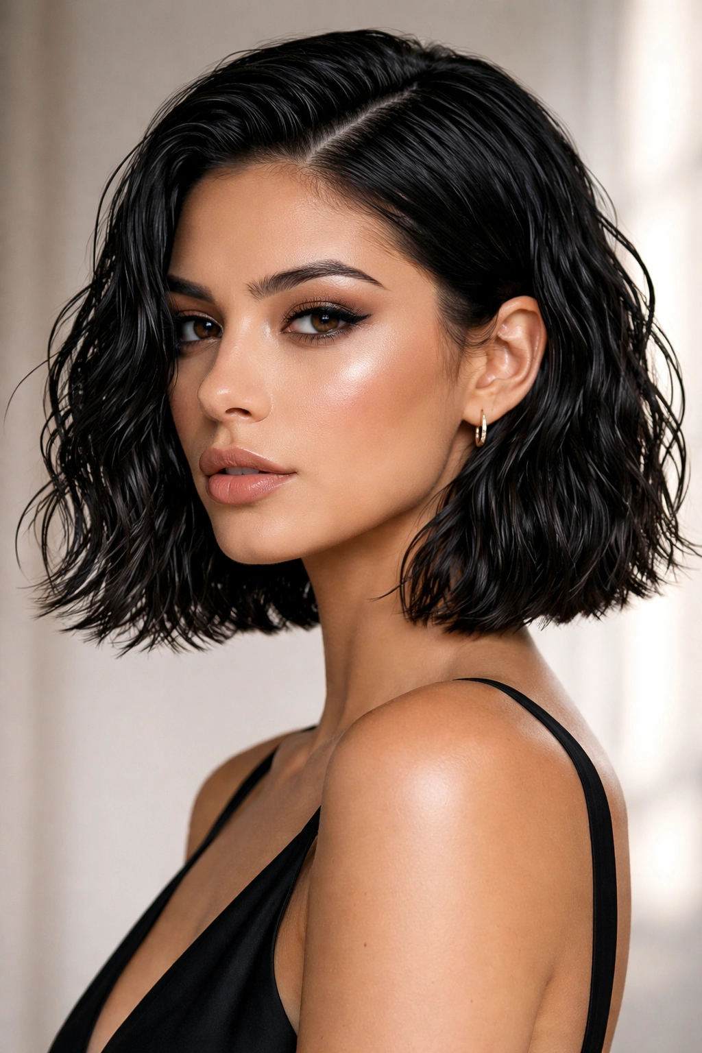 Dark hair wet-look waves on modern bob