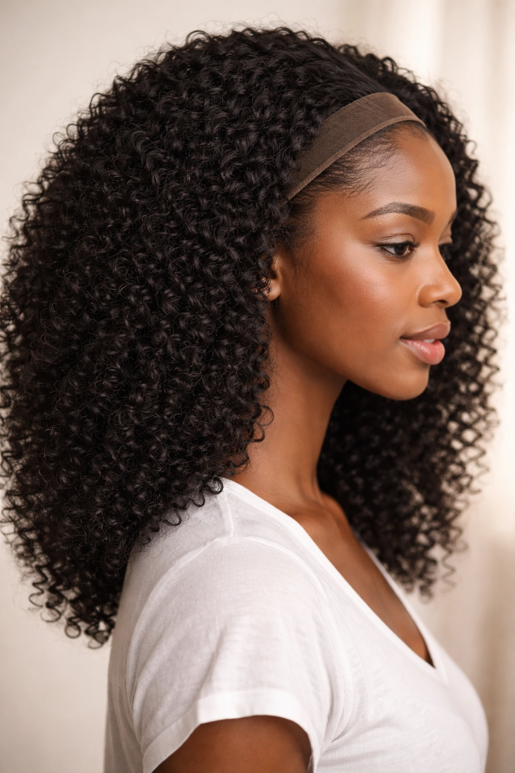 Close-up of a person wearing a full wig over natural coily hair for protection