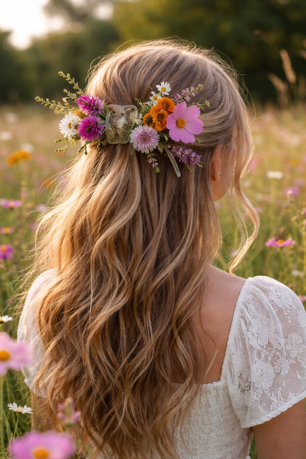 Half-up hairstyle with a wildflower mix clipped through the clip