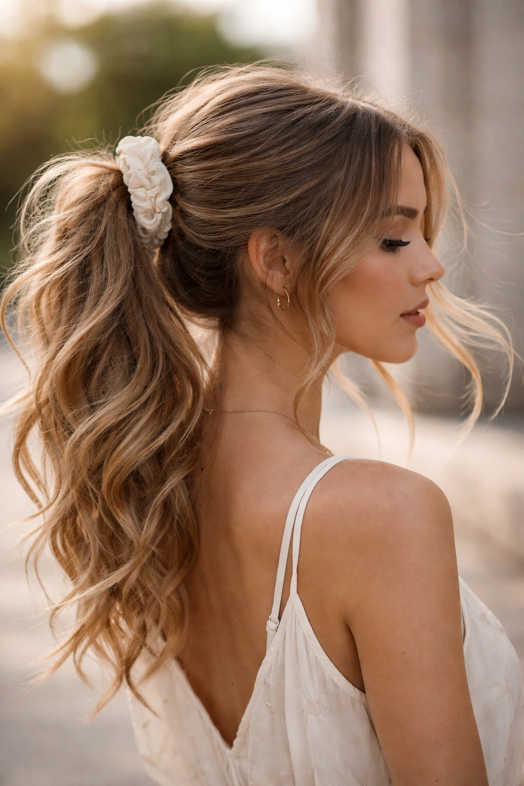 Windblown romantic ponytail with scrunchie and face-framing pieces