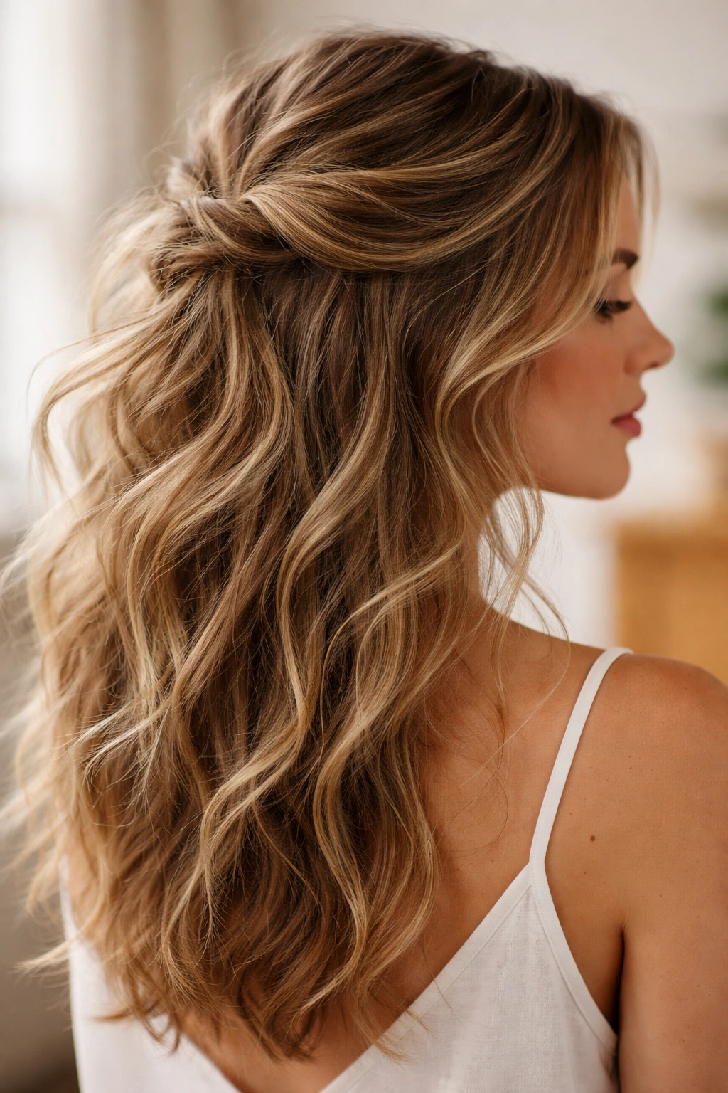 Windswept half-up with tousled waves and visible texture.