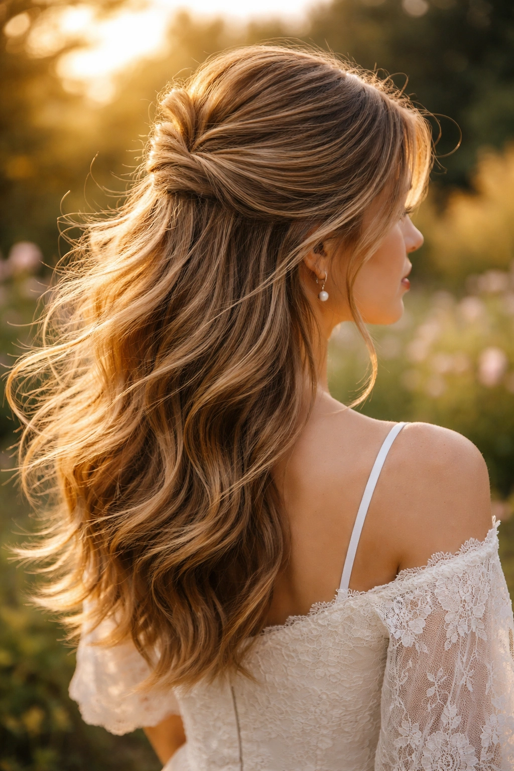 Windswept half up style with directional waves and breeze