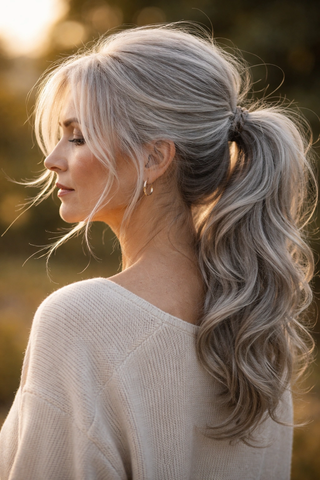 Windswept romantic ponytail with loose tendrils on gray hair in golden hour light
