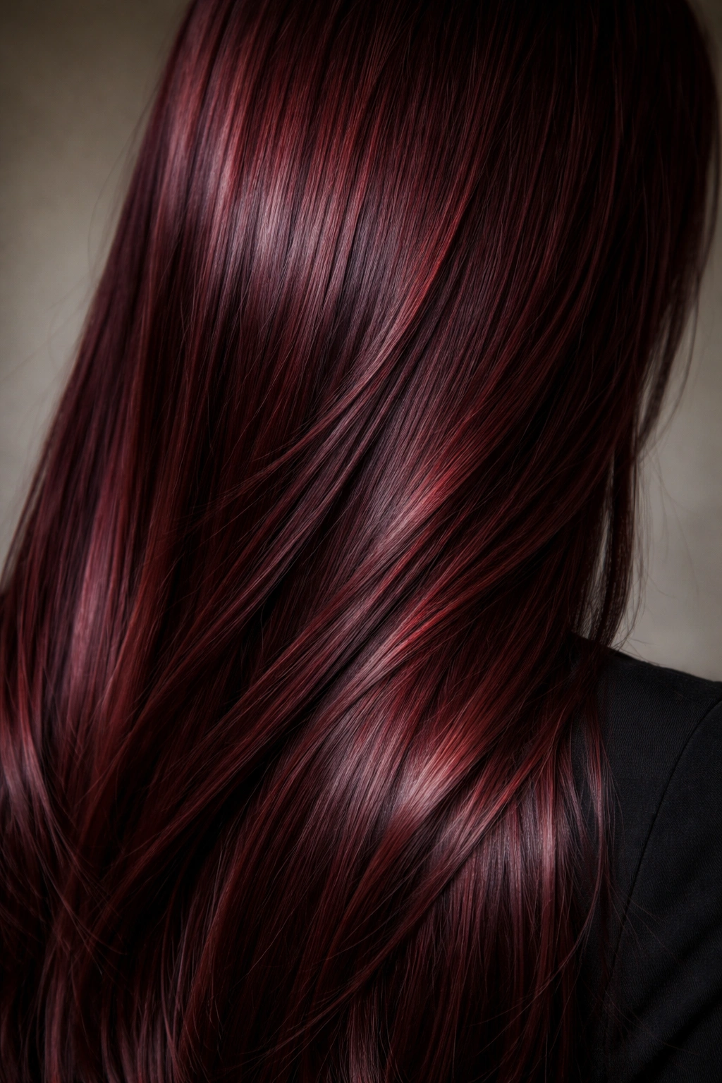 Close-up of straight wine red hair with depth and shine