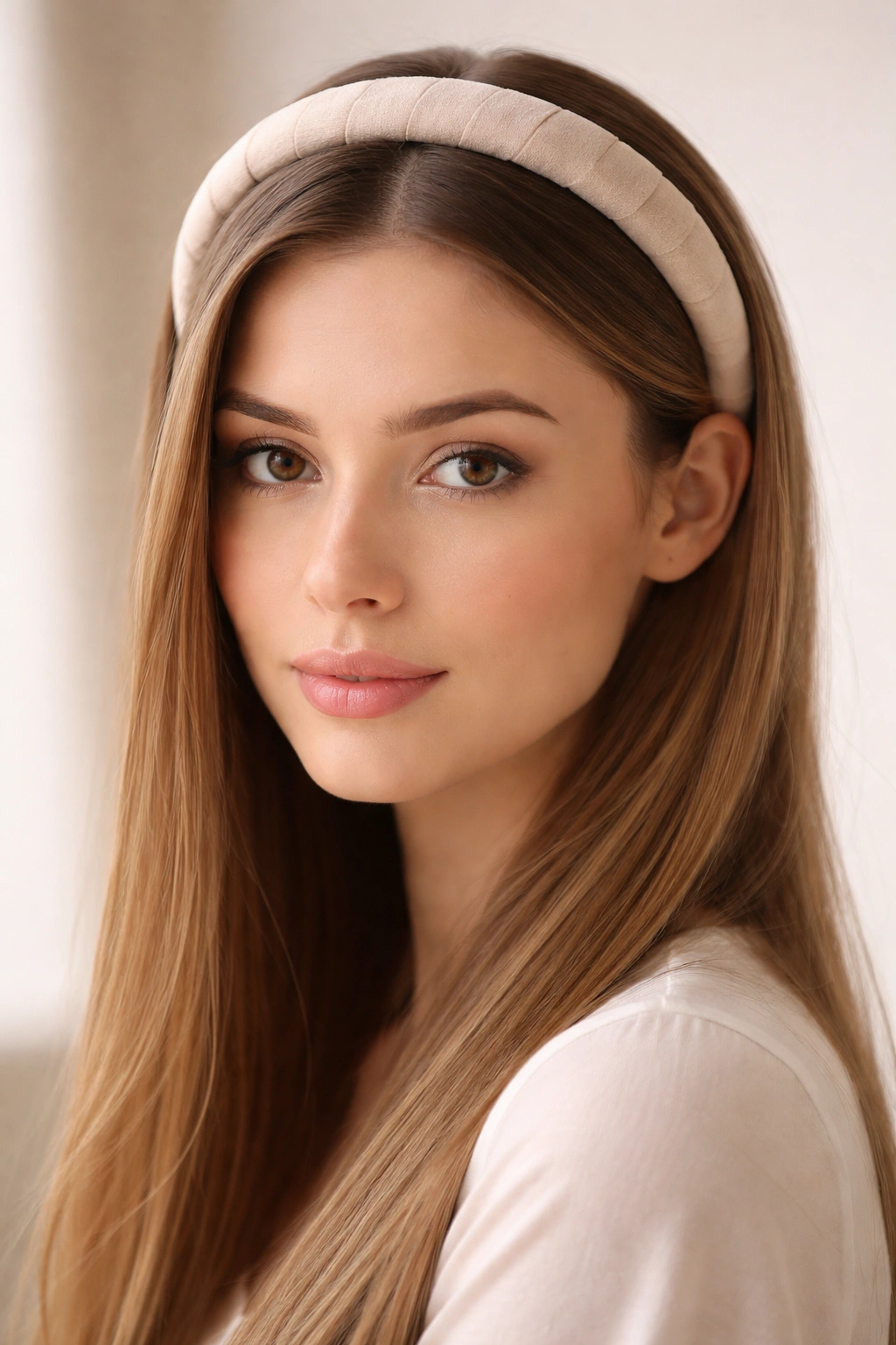 Close-up of a wire headband resting smoothly on straight hair