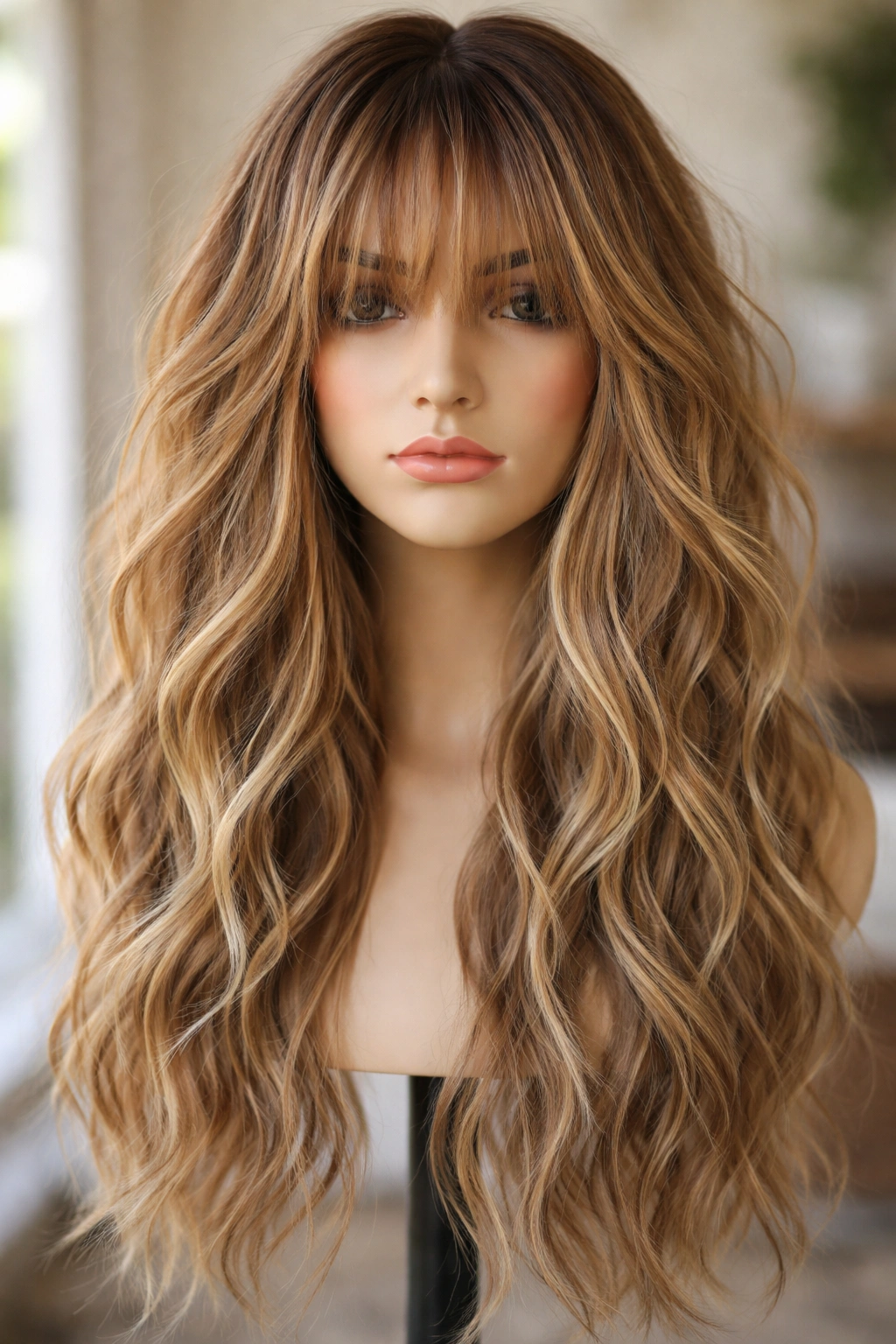 Wispy textured bangs with beach waves on a display head under soft natural light