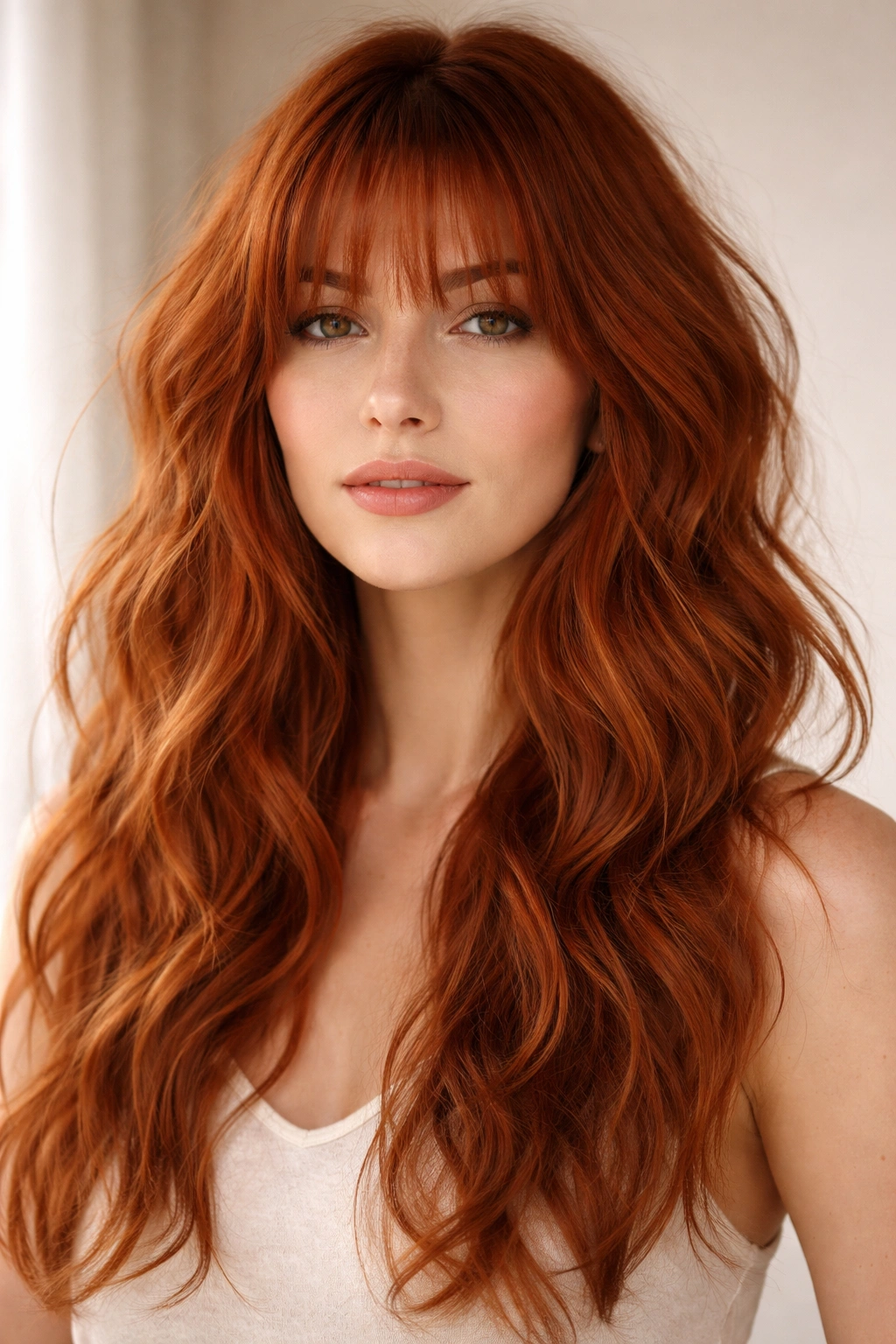 Wispy bangs with loose beach waves in red hair