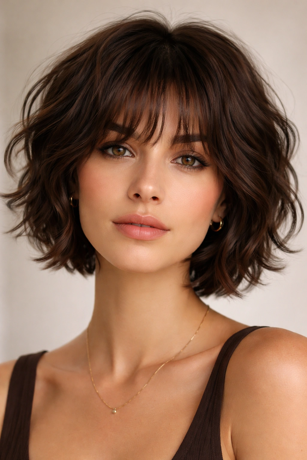 Brunette short cut with wispy wavy bangs framing the face