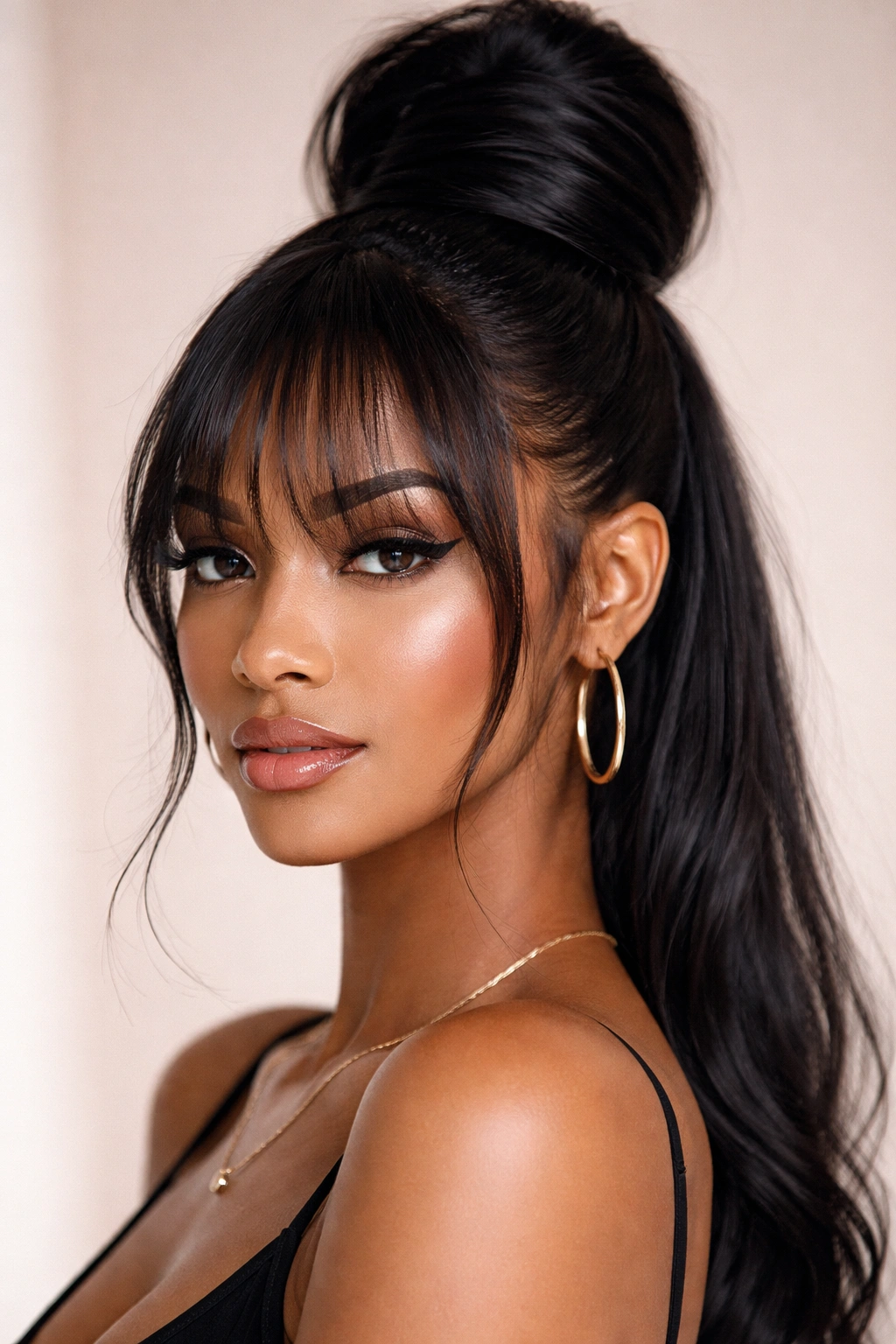 Model with wispy bangs and a sleek high bun weave hairstyle