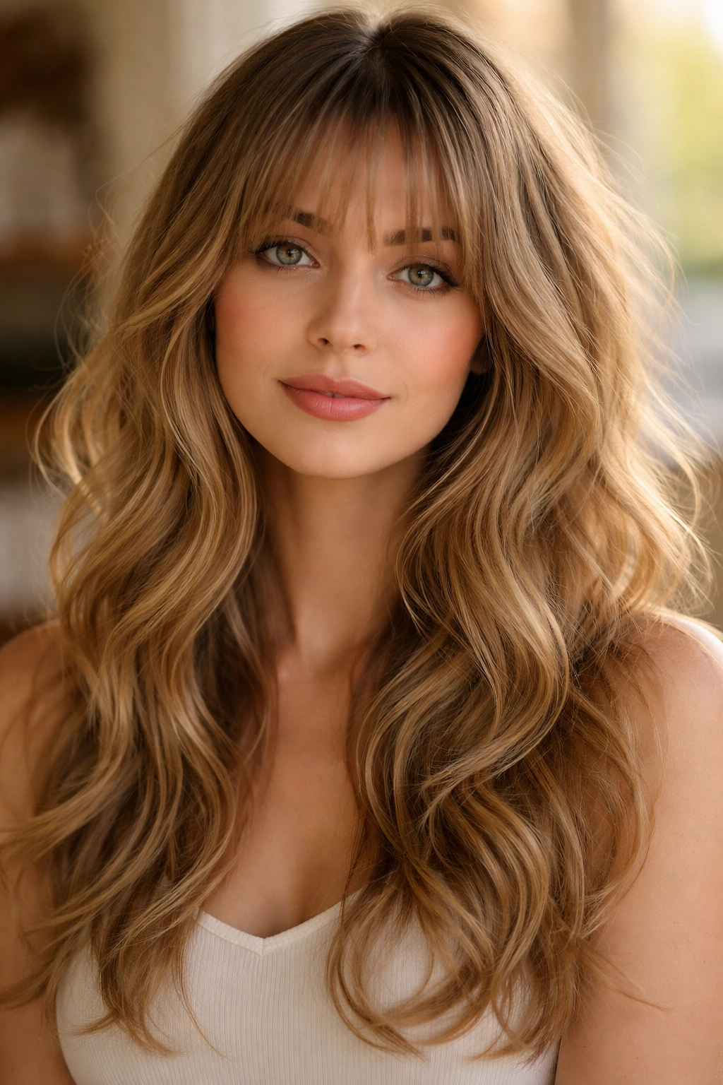 Romantic portrait with wispy layered bangs and soft flowing waves around the face