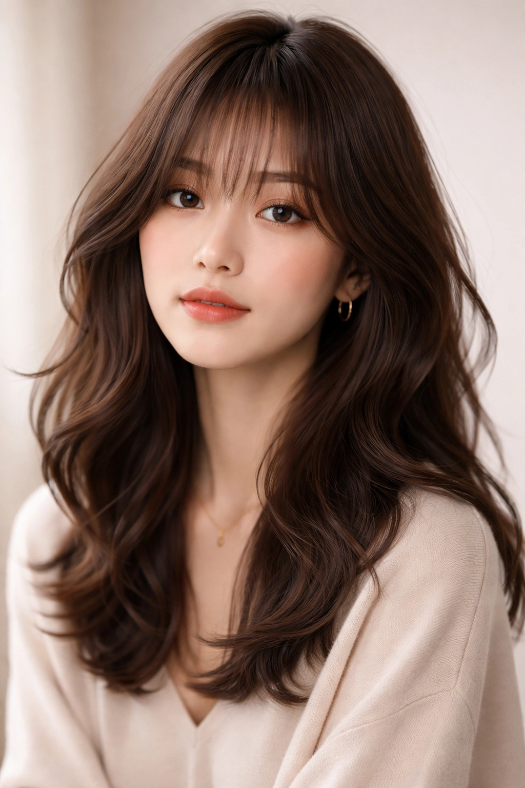 Close-up of wispy layered bangs with face-framing waves