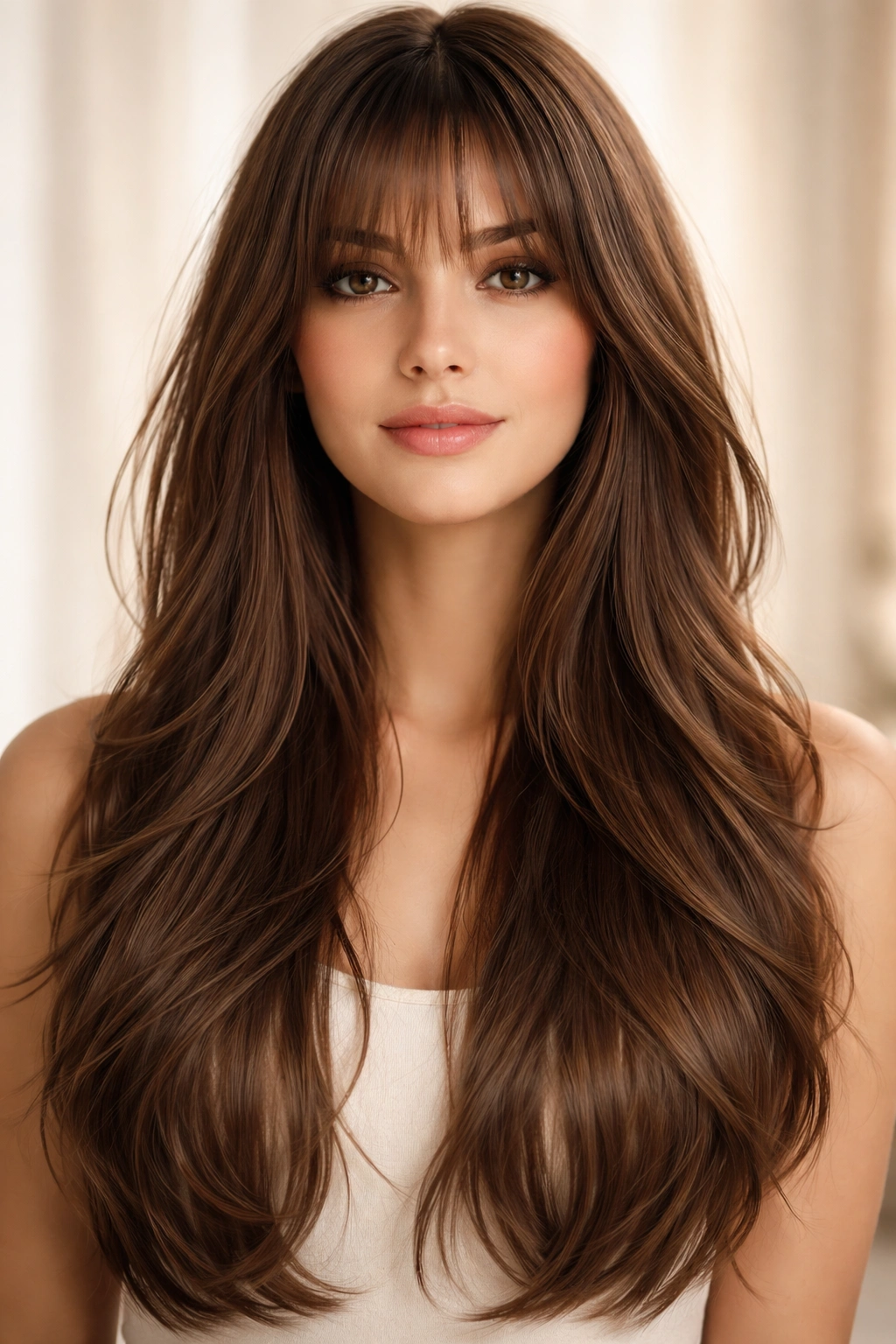 Long straight hair with wispy bangs blending into layers