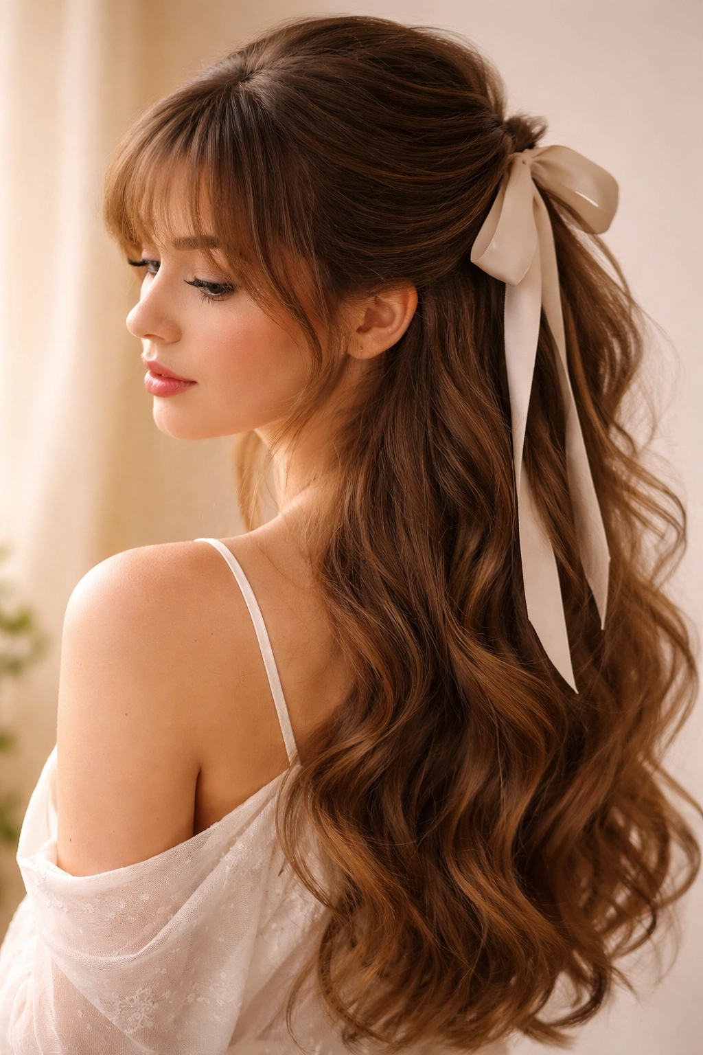 Wispy bangs, loose waves, and silk ribbon tied around a half-up ponytail