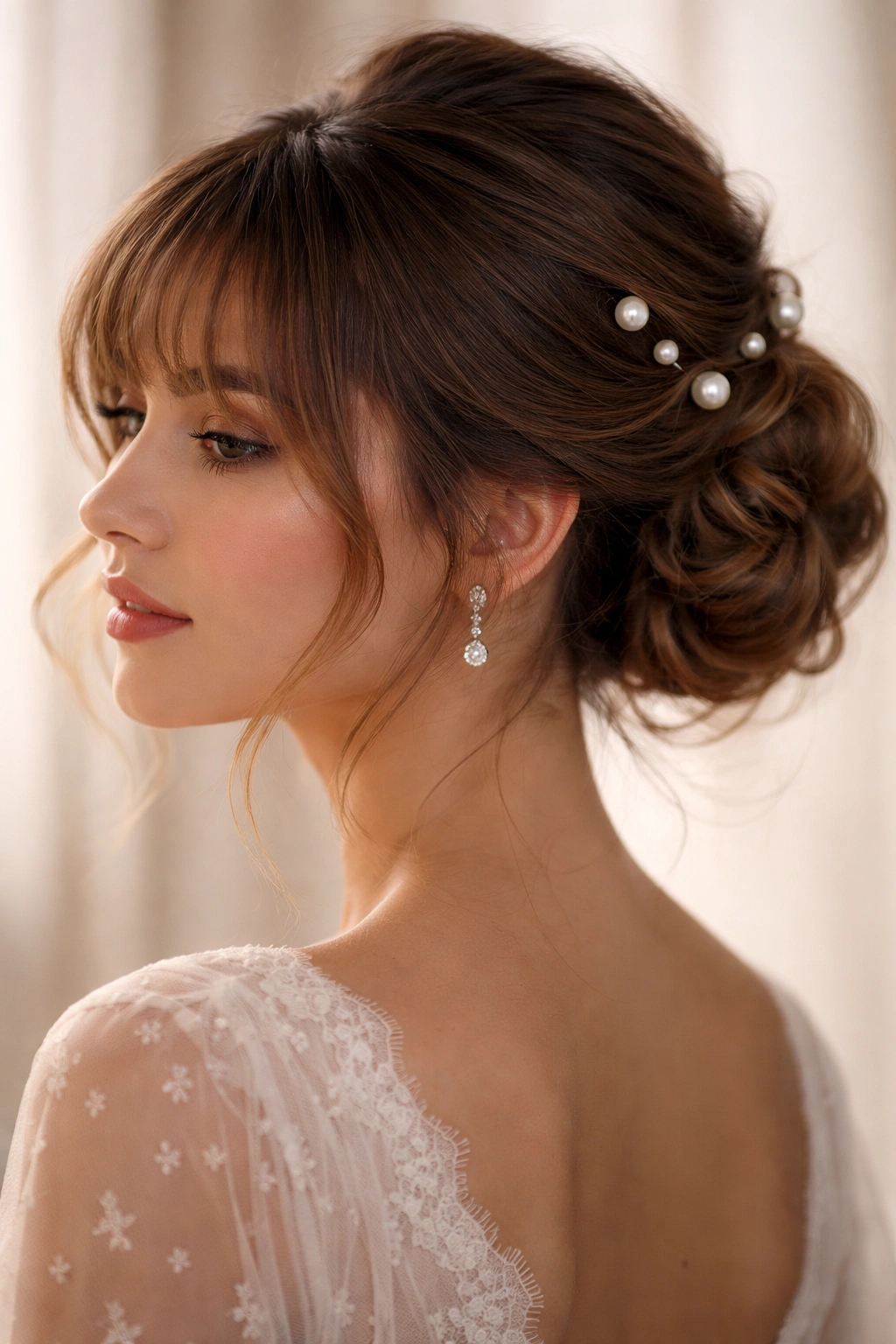 Close-up hairstyle with wispy bangs and low bun secured by pearl pins