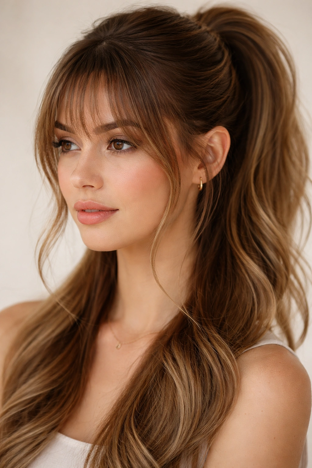 Close-up of wispy bangs framing a face with a polished ponytail in studio lighting