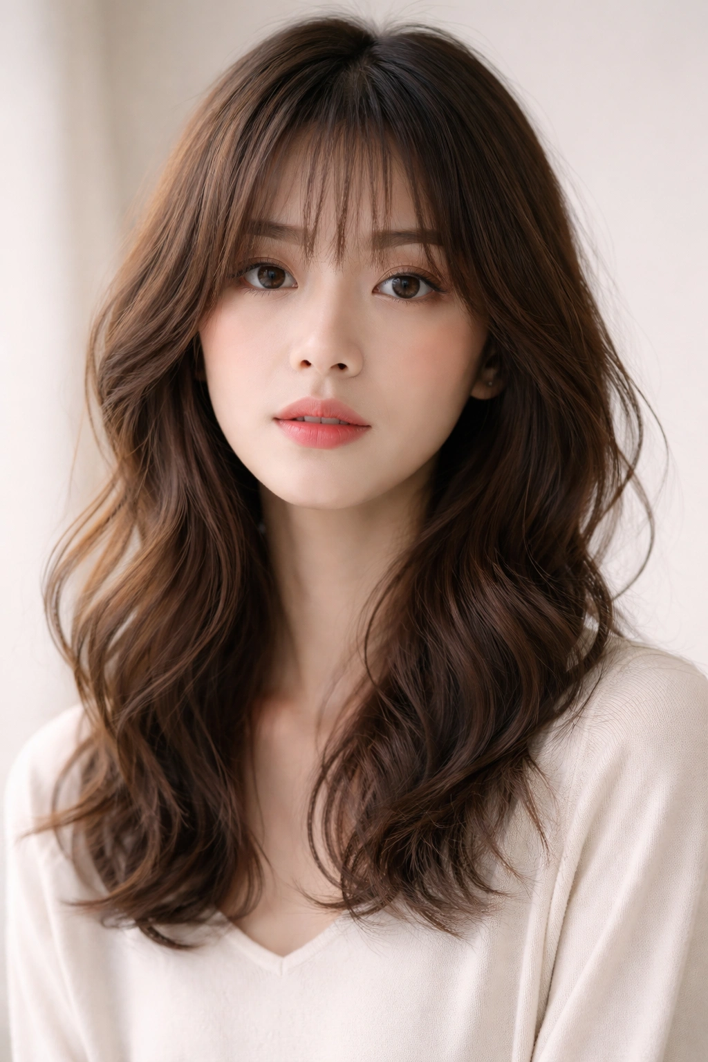 Wispy bangs with shoulder-length waves and feathered layers
