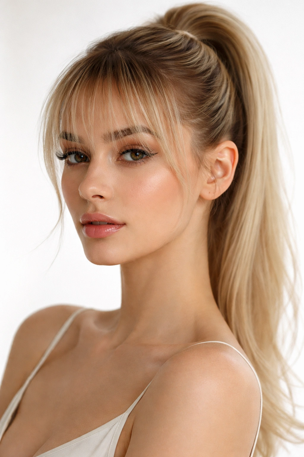 Close-up of ditsy wispy bangs with a slicked-back high ponytail