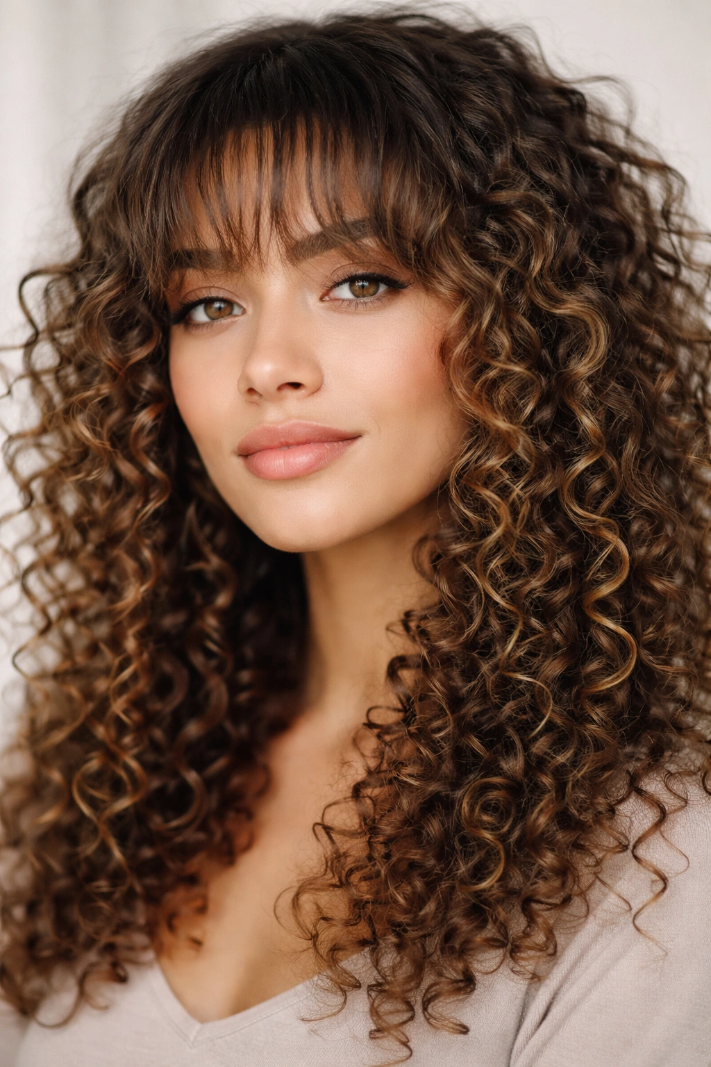 Close-up of wispy bangs with spiral curls framing the forehead