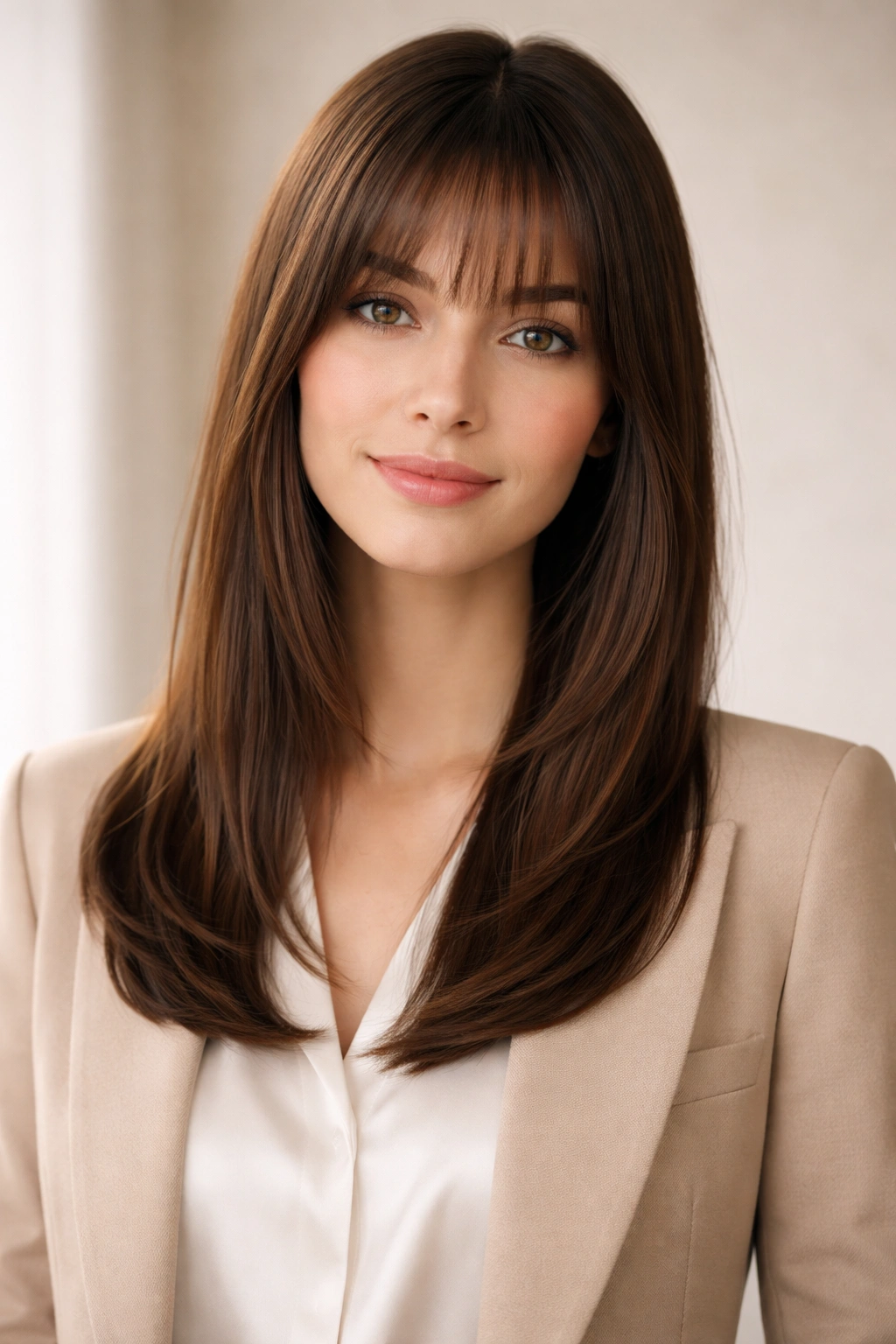 Front view of straight hair with wispy bangs.