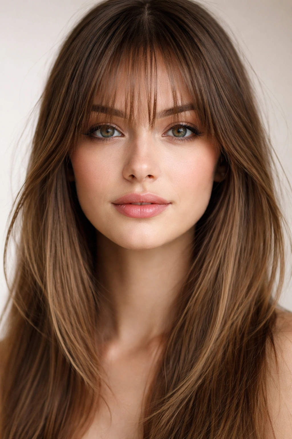 Close-up of wispy feathered bangs on straight hair