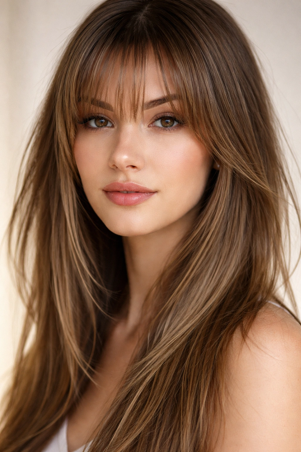 Close-up of wispy bangs on straight hair with feathered edge.