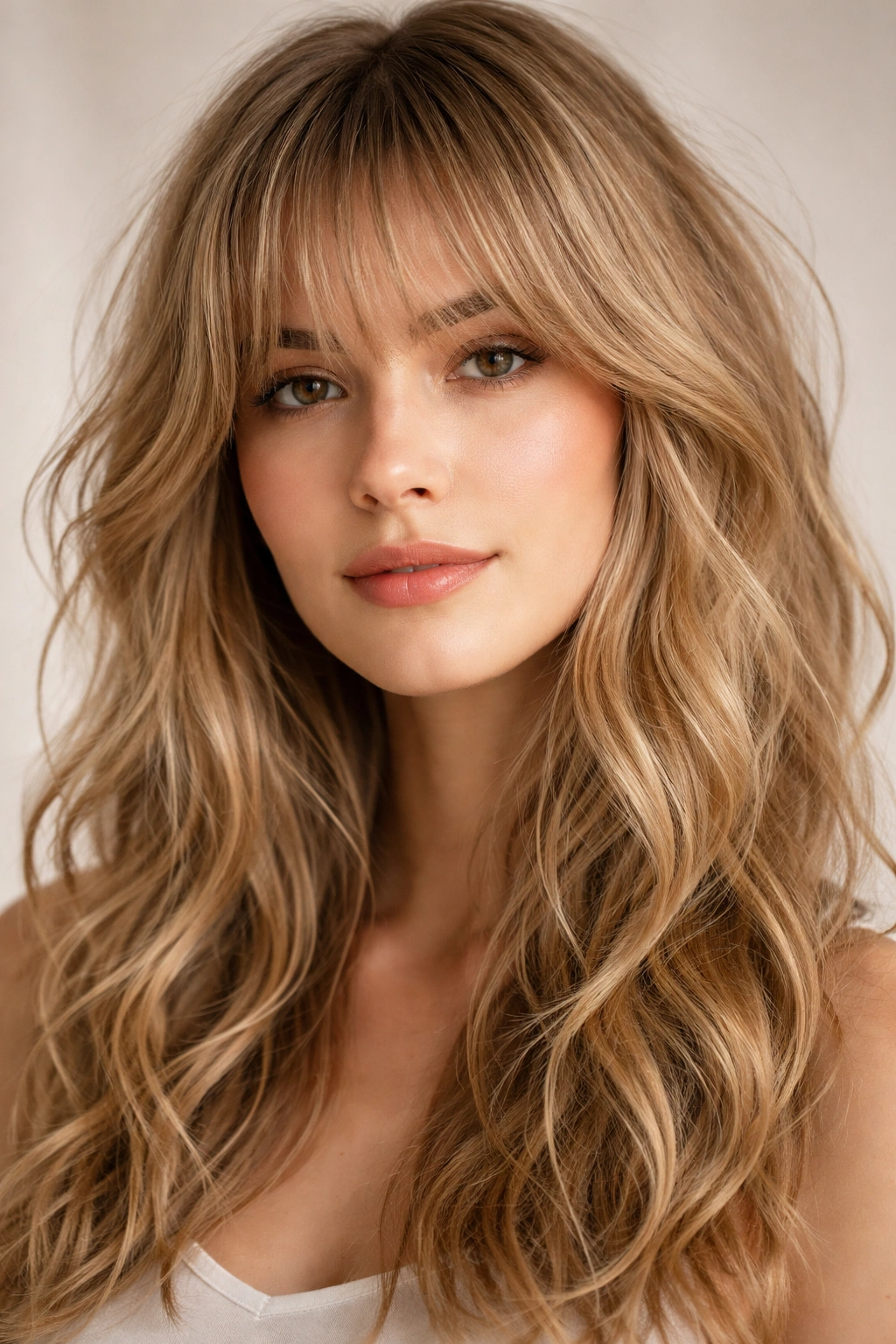 Close-up of wispy bangs blending into textured waves in a studio portrait