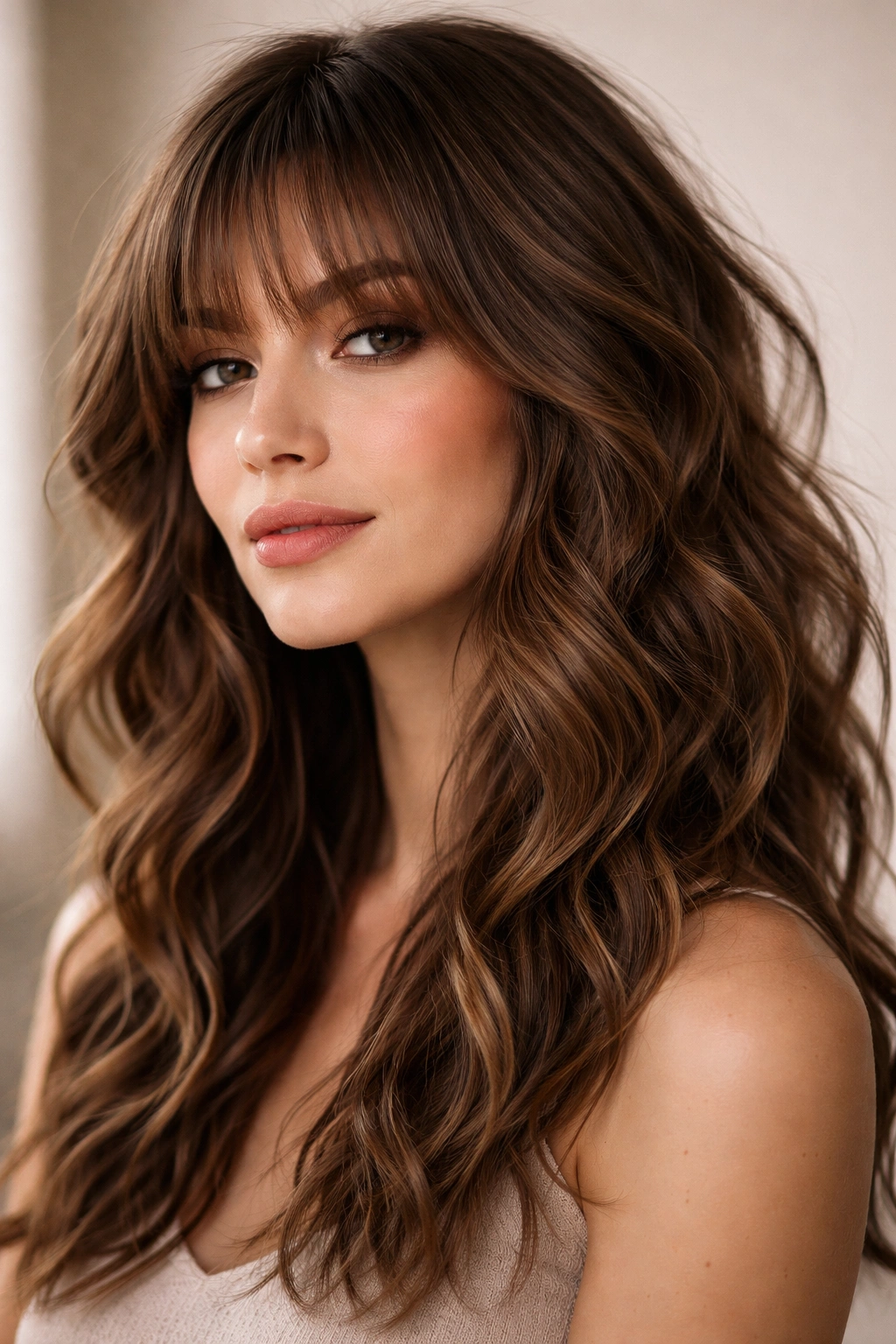 Wispy feathered bangs with varied textured waves