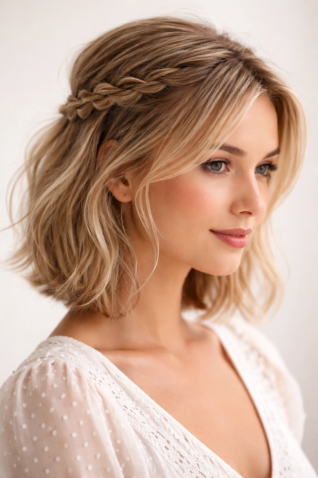 Back-and-side view of two wispy braids meeting at the back in a delicate half-up hairstyle