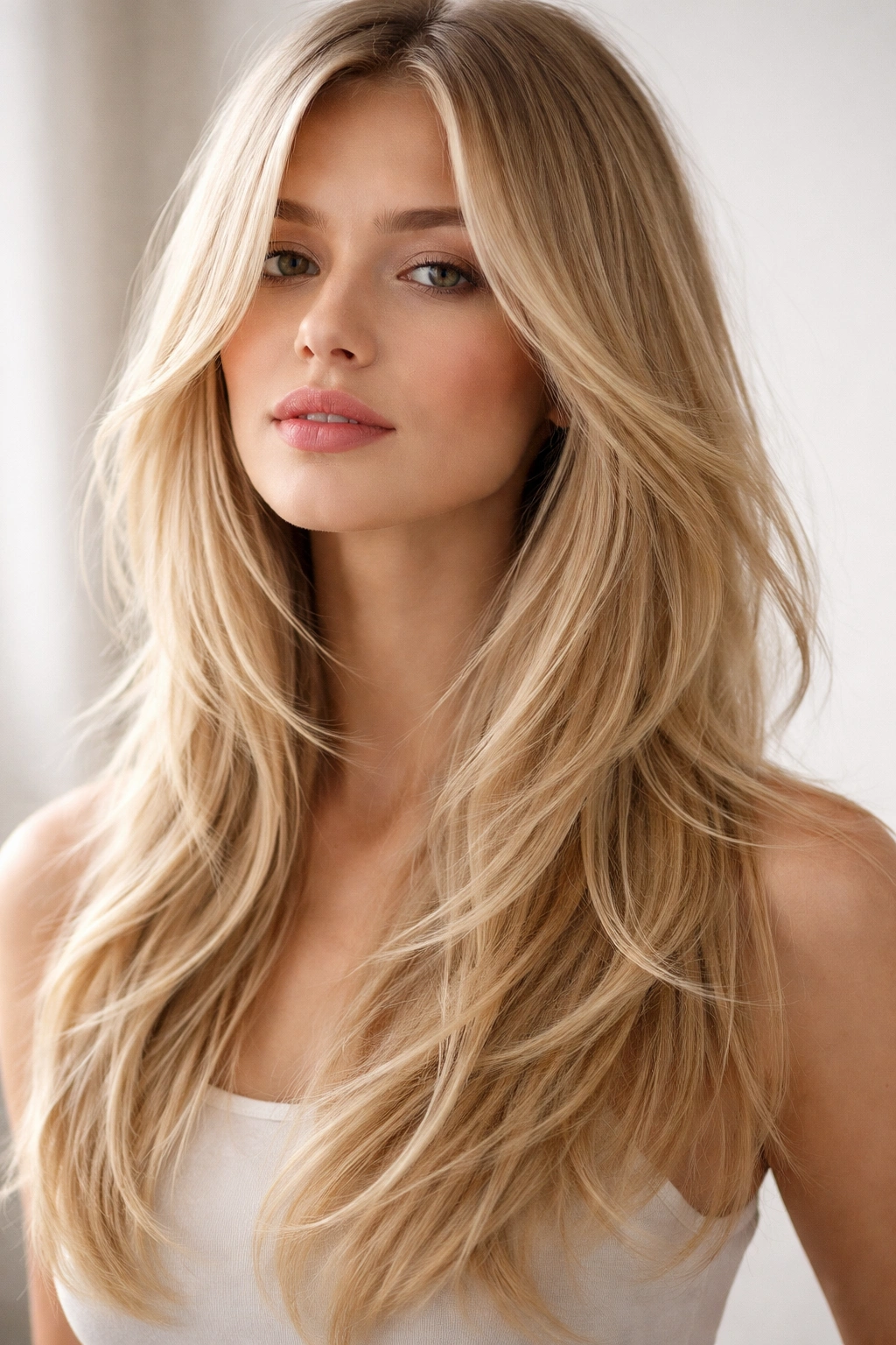 Wispy butterfly layers on straight hair with airy, delicate texture