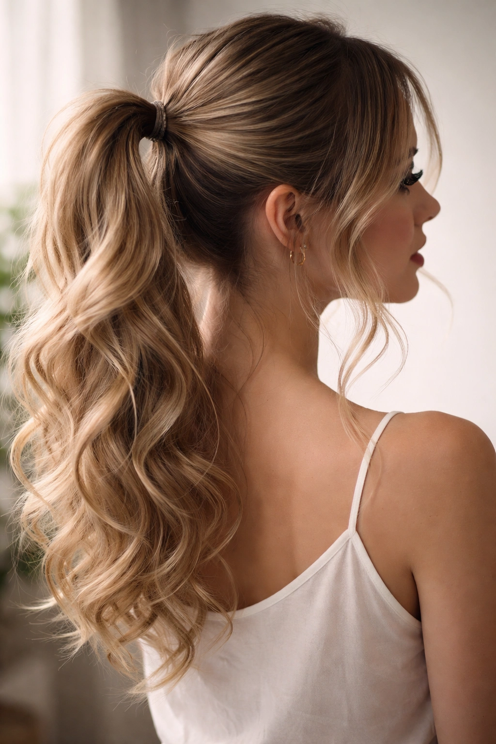 Romantic wispy double ponytails with soft curls and face-framing wisps.
