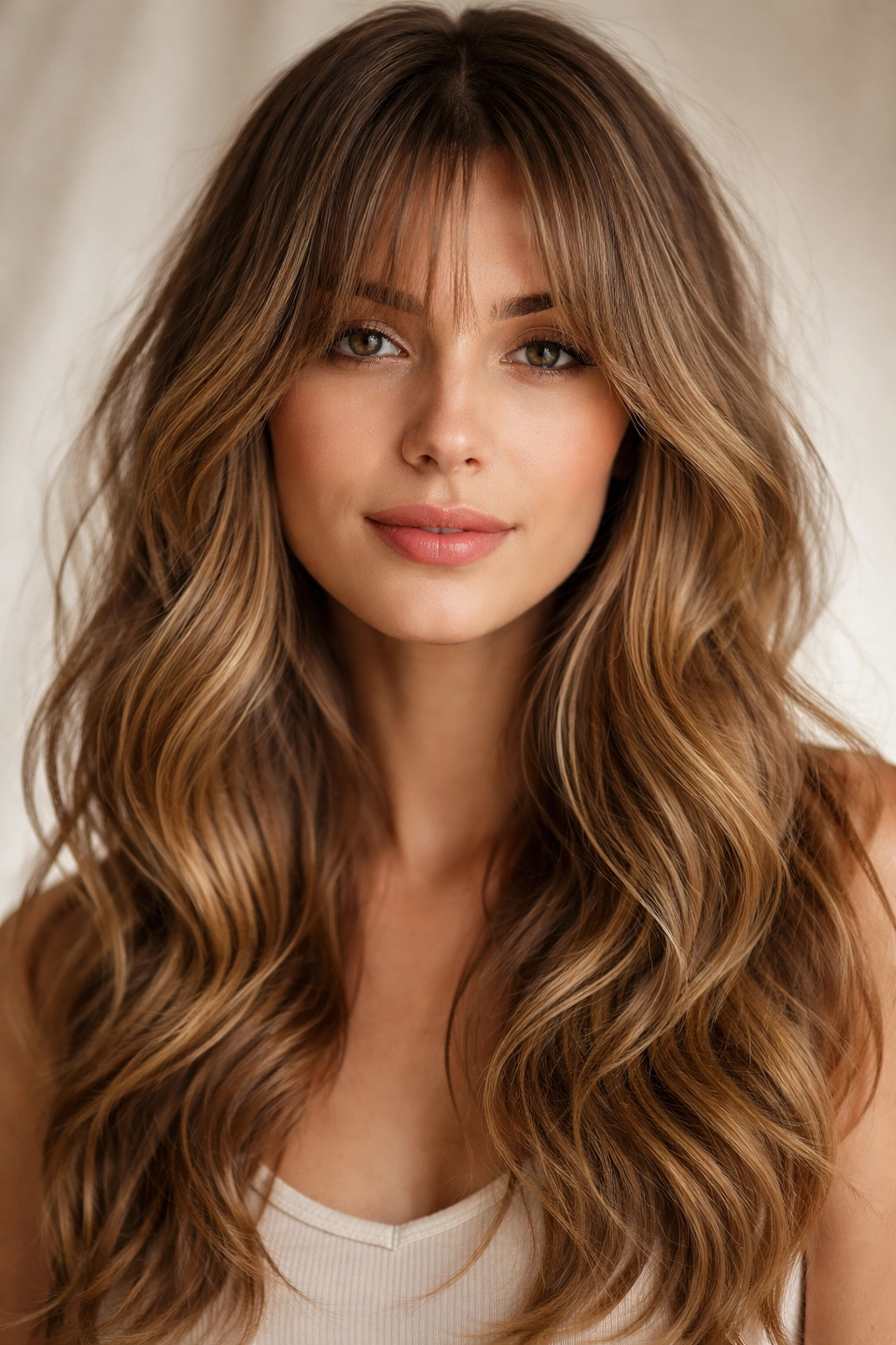 Close-up of wispy curtain bangs with loose waves framing the face