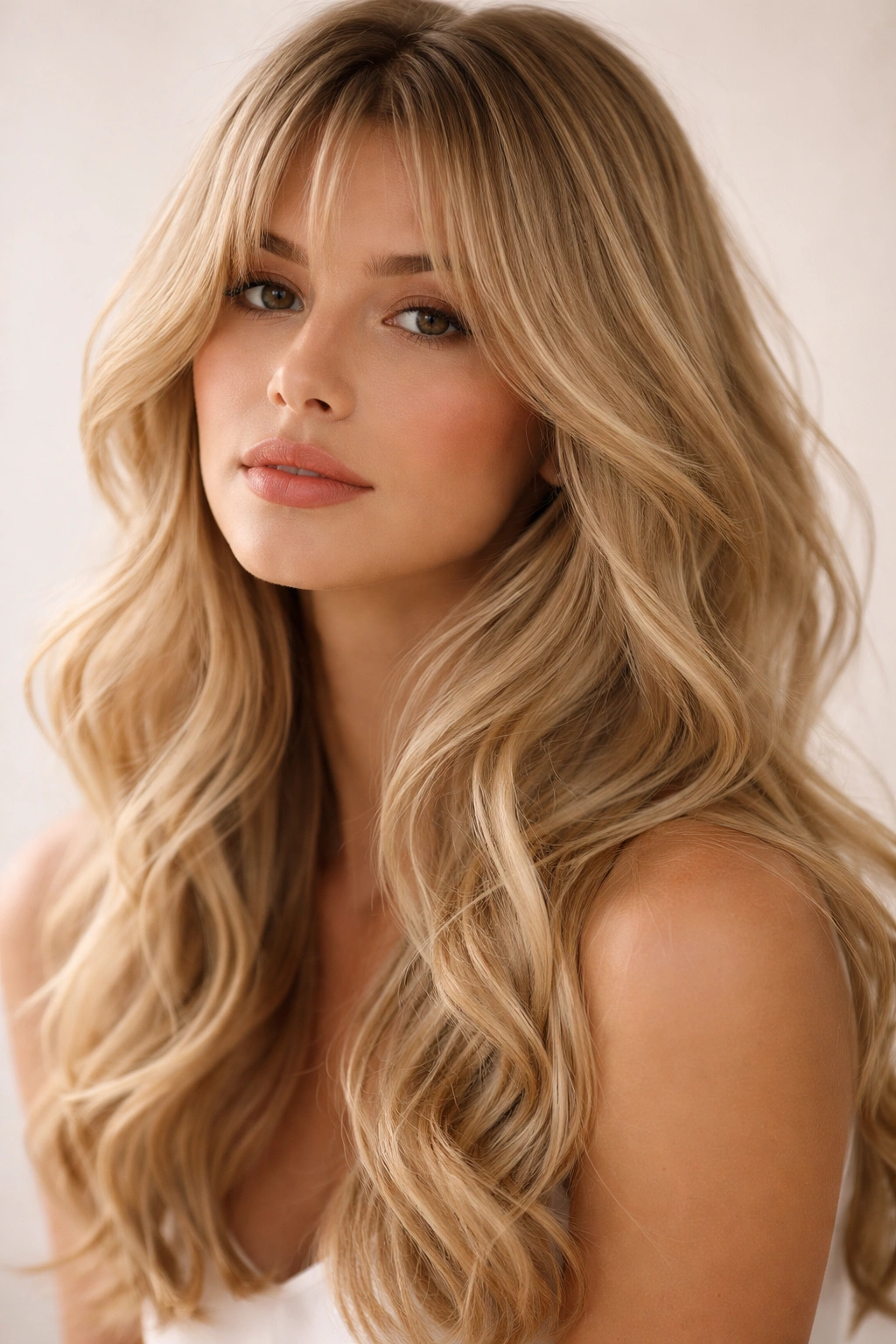 Romantic wavy layers with wispy curtain bangs in blonde hair