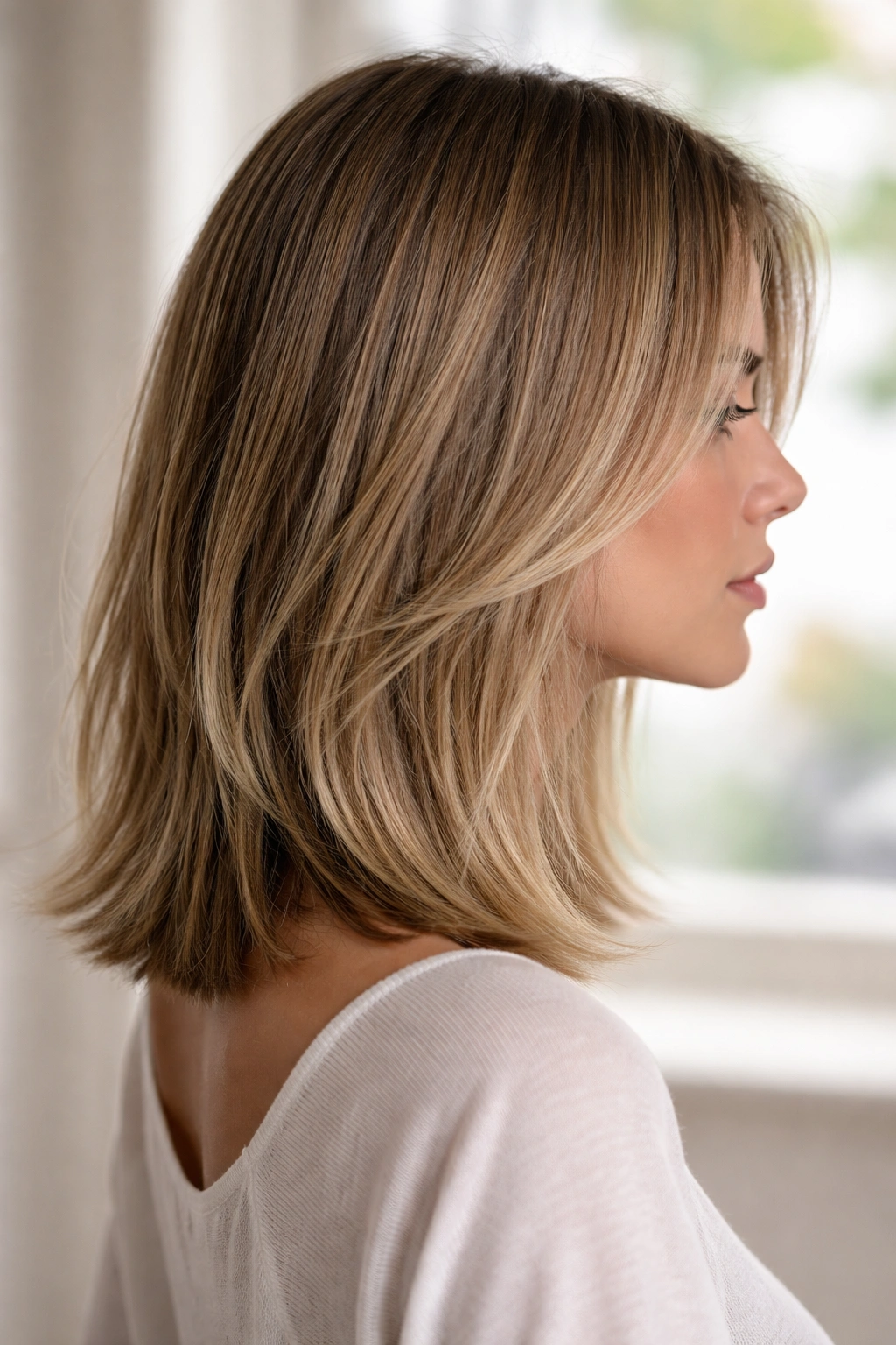 Shoulder-length lob with wispy feathered ends catching light