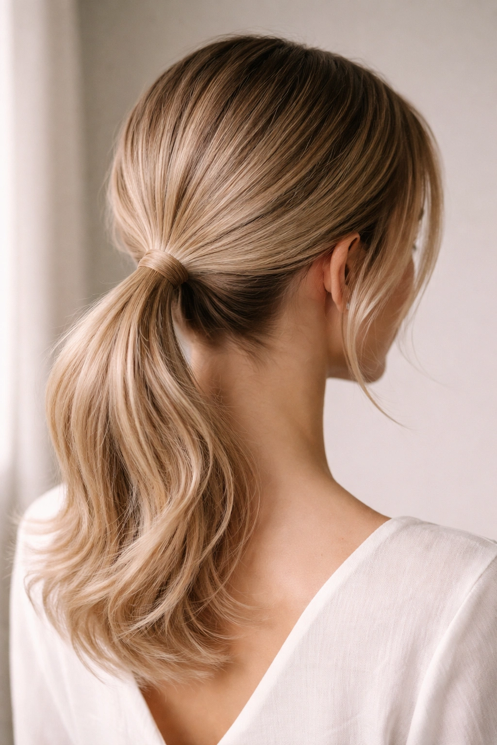 Back view of low ponytail with wispy, feathered ends