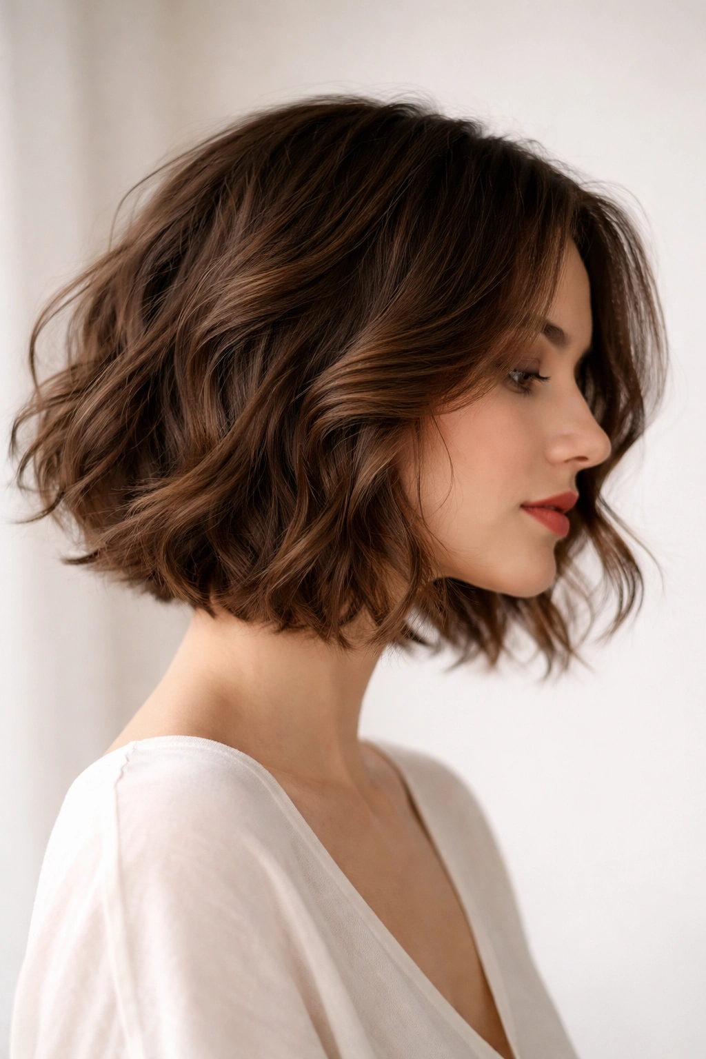 Profile of a wavy bob with wispy razor-thinned ends in roasted brown