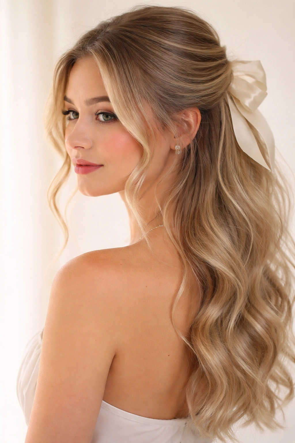 Front-facing view showing wispy face-framing pieces with a bow at the back.
