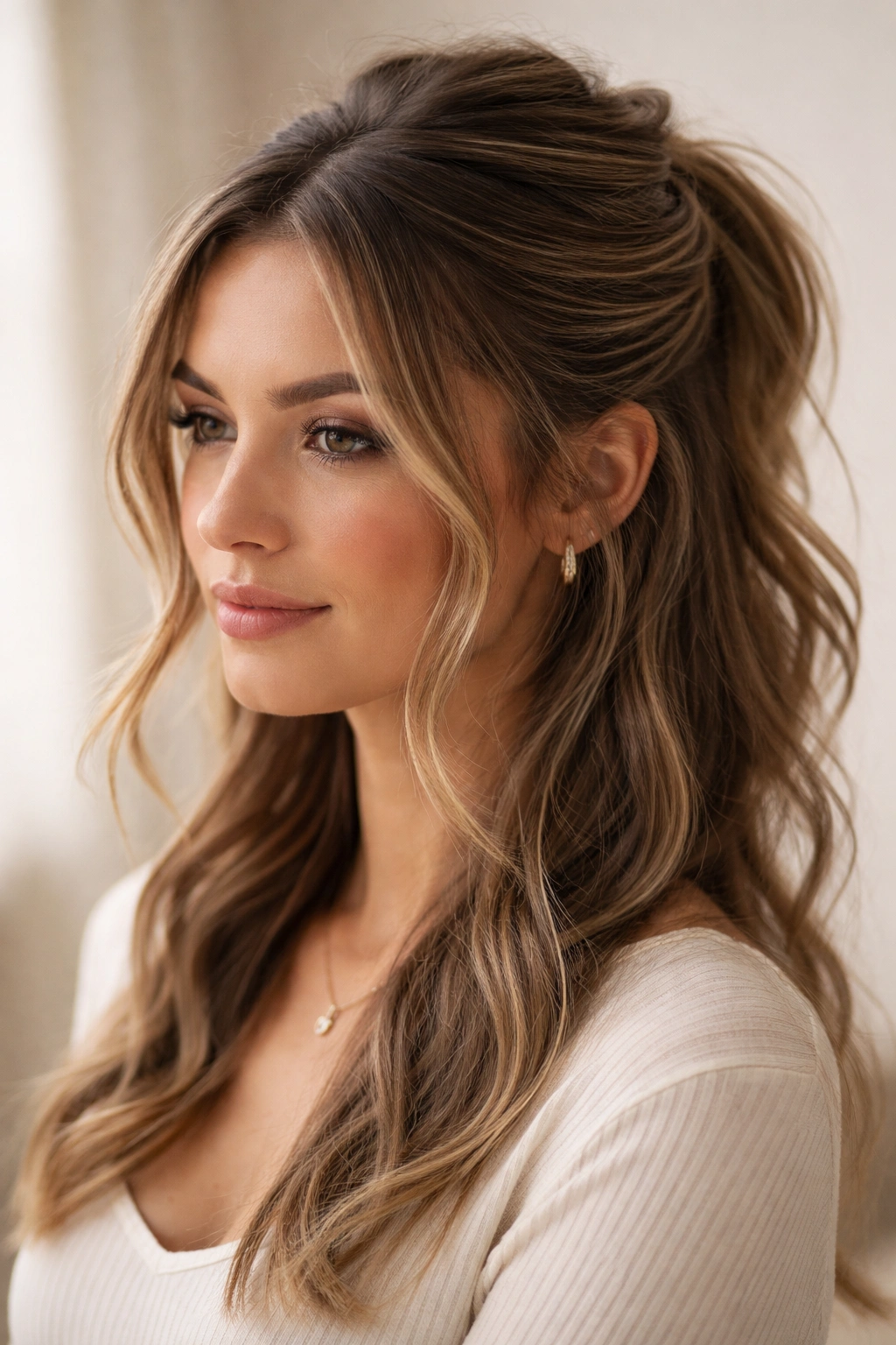 Half-up hairstyle with wispy face-framing pieces