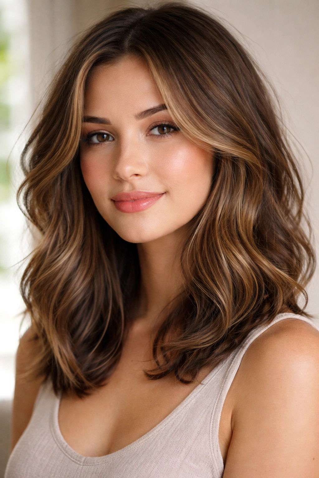 Long bob with wispy face-framing layers framing the face.