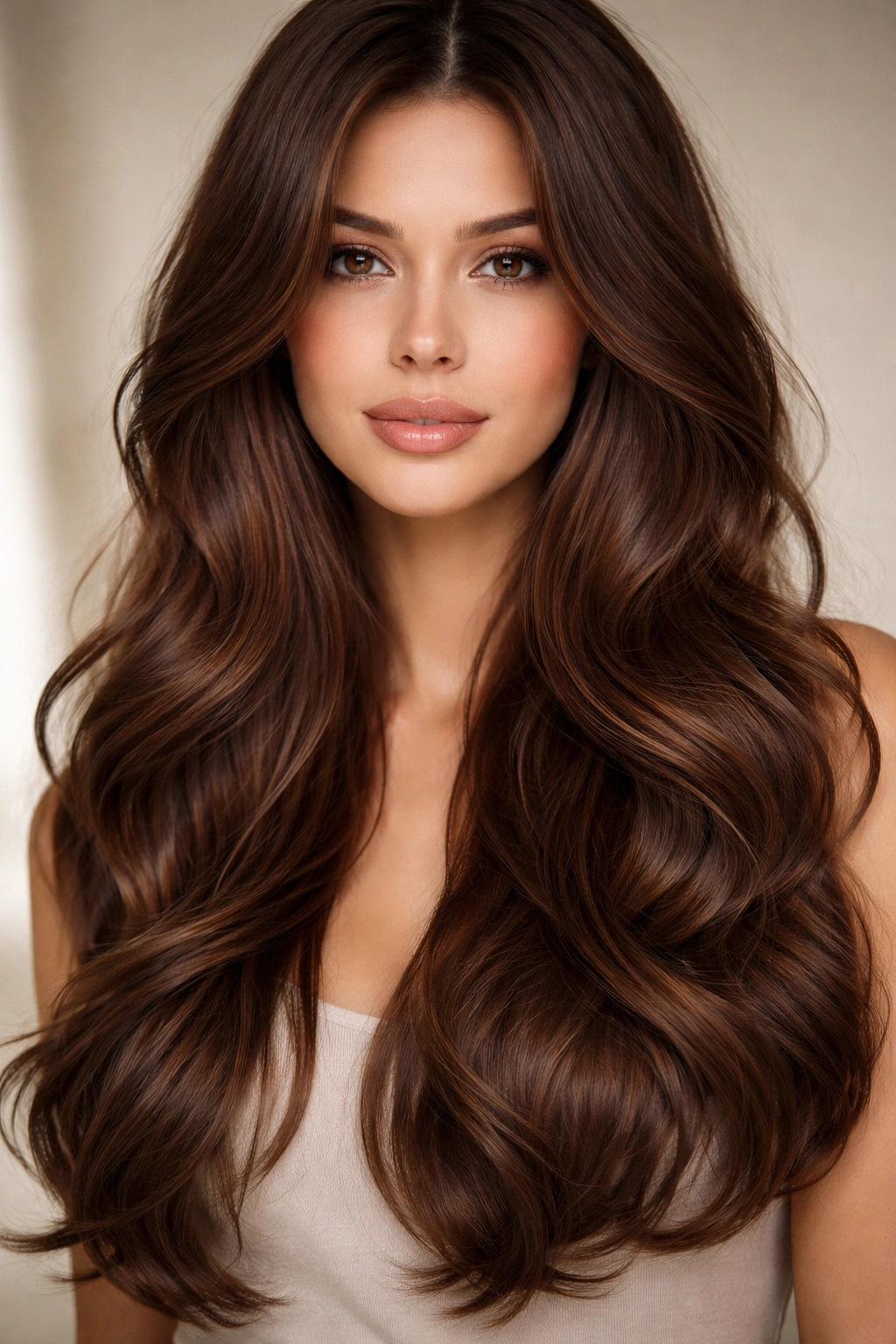 Chocolate brown hair with wispy face-framing pieces and soft waves