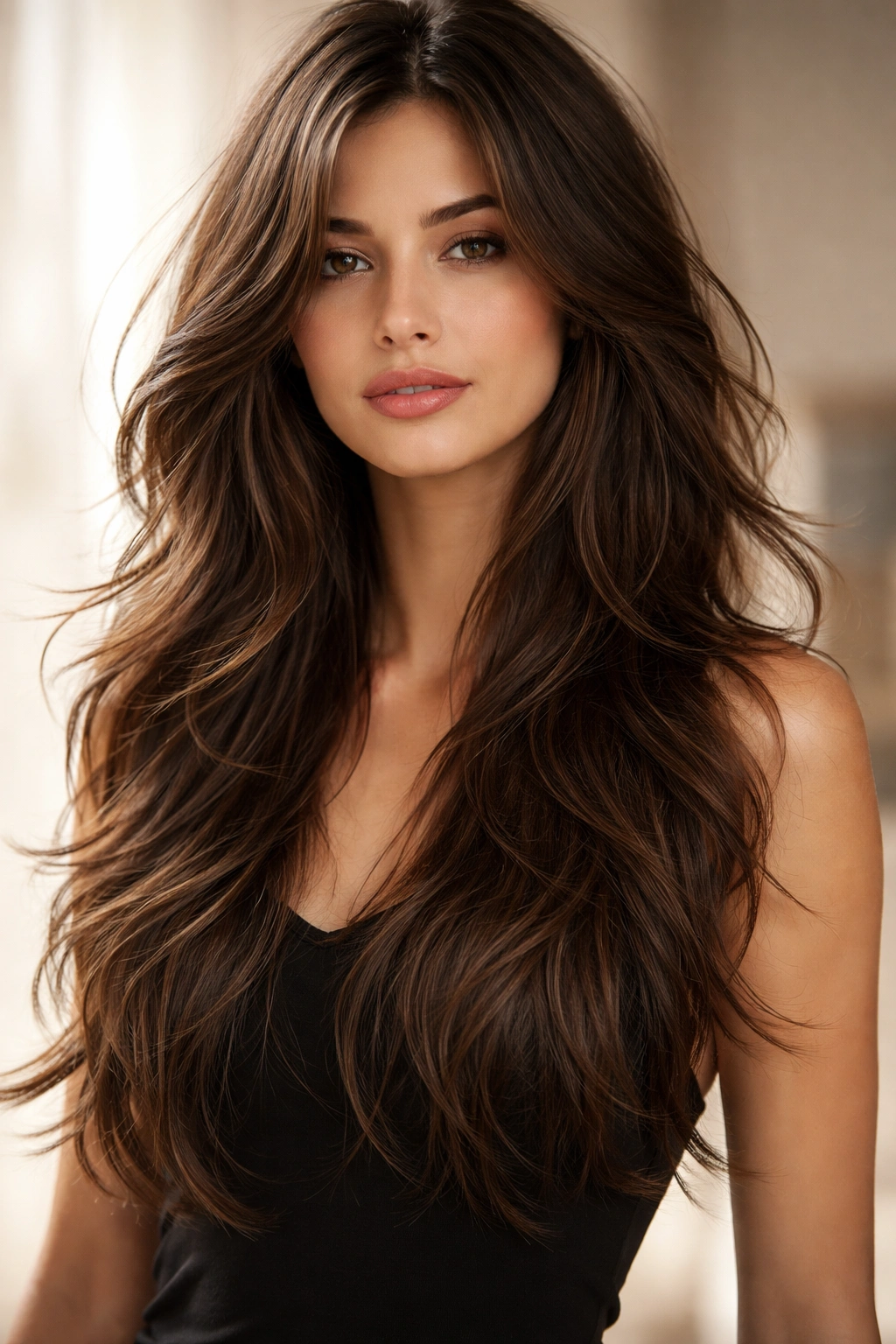 Brunette with wispy feathered layers creating a light, ethereal look