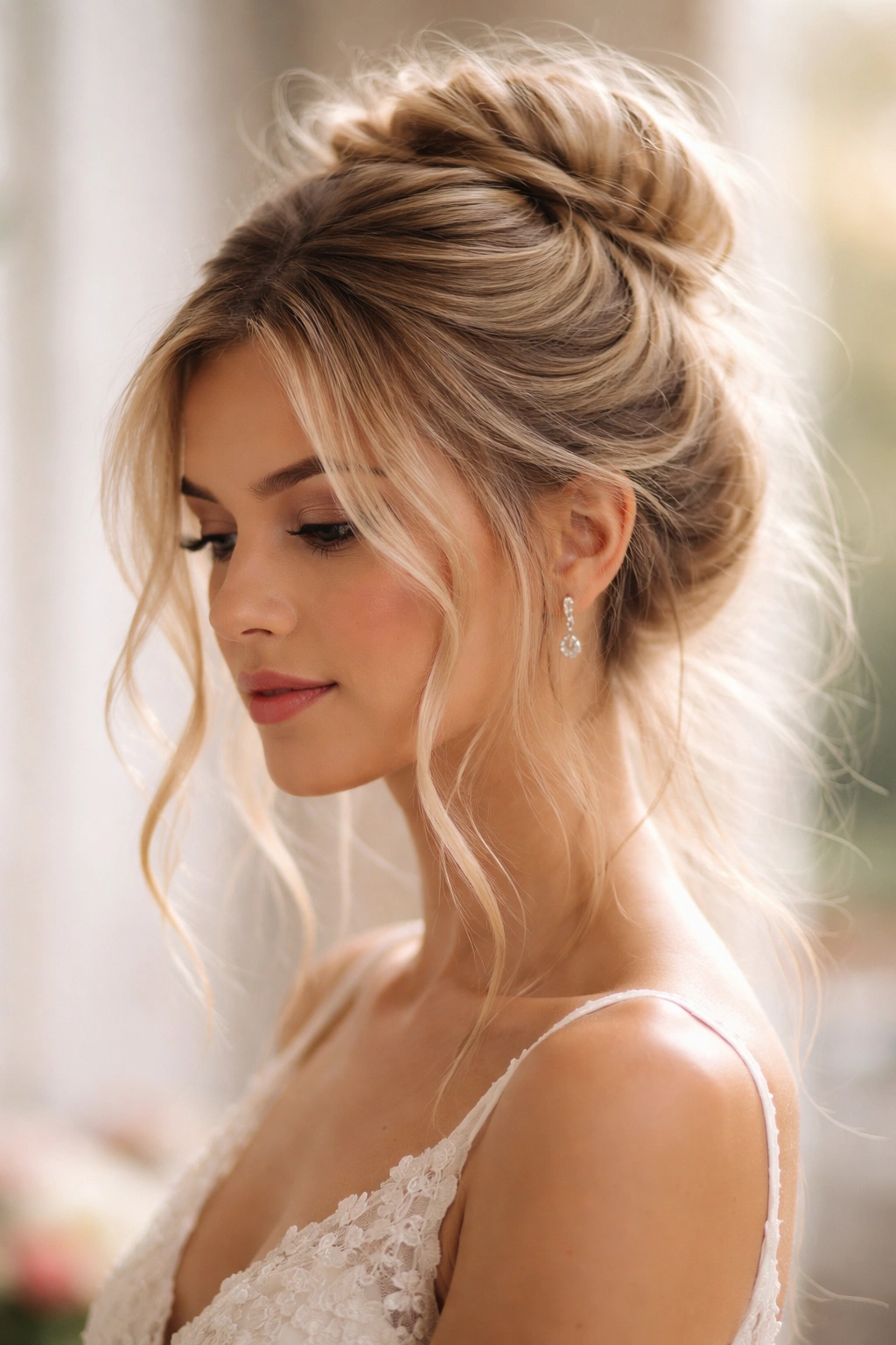 Ethereal wispy half-up bun with delicate tendrils framing the face