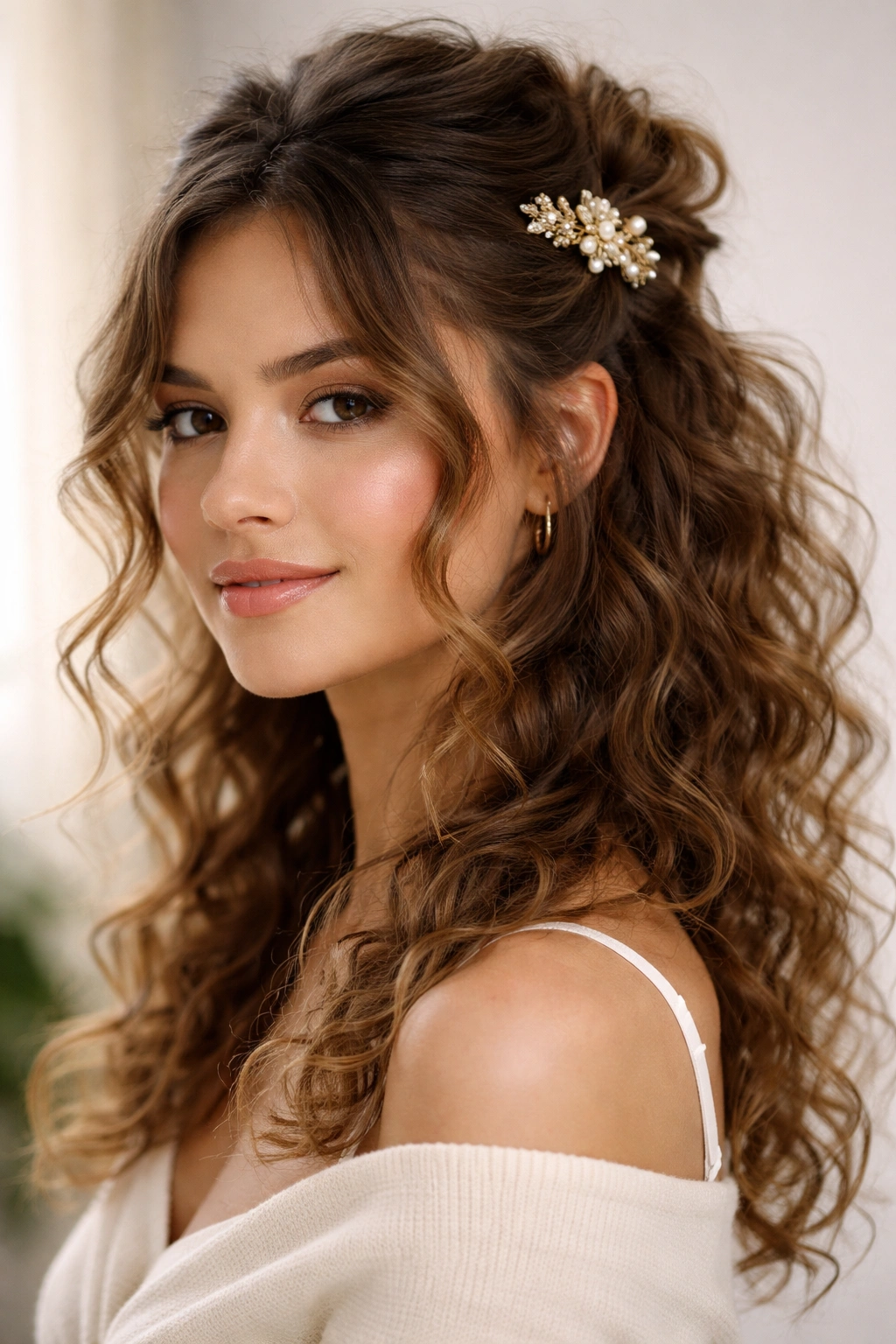 Close-up of wispy curls secured with a decorative clip in a half-up hairstyle