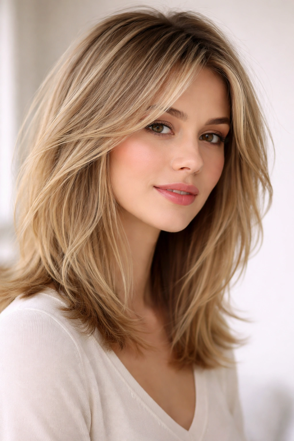 Wispy layered lob with numerous thin layers for airy movement.