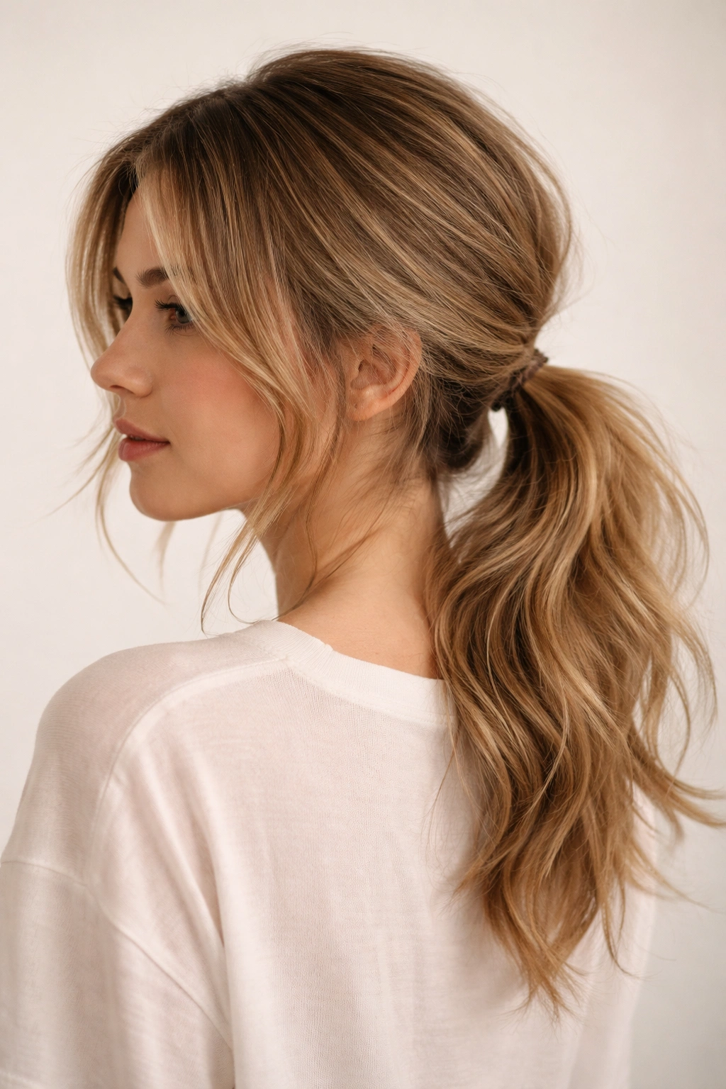 Wispy layered hair around face with a low ponytail at the back