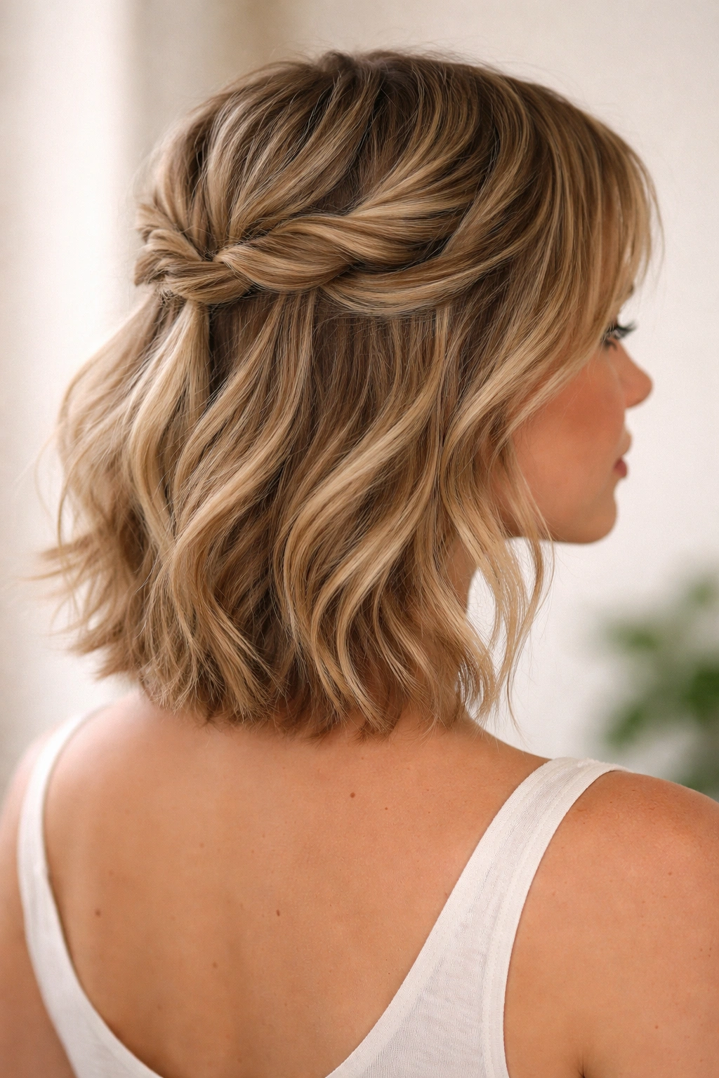 Wispy short layers framing the face with a twisted crown half-up.