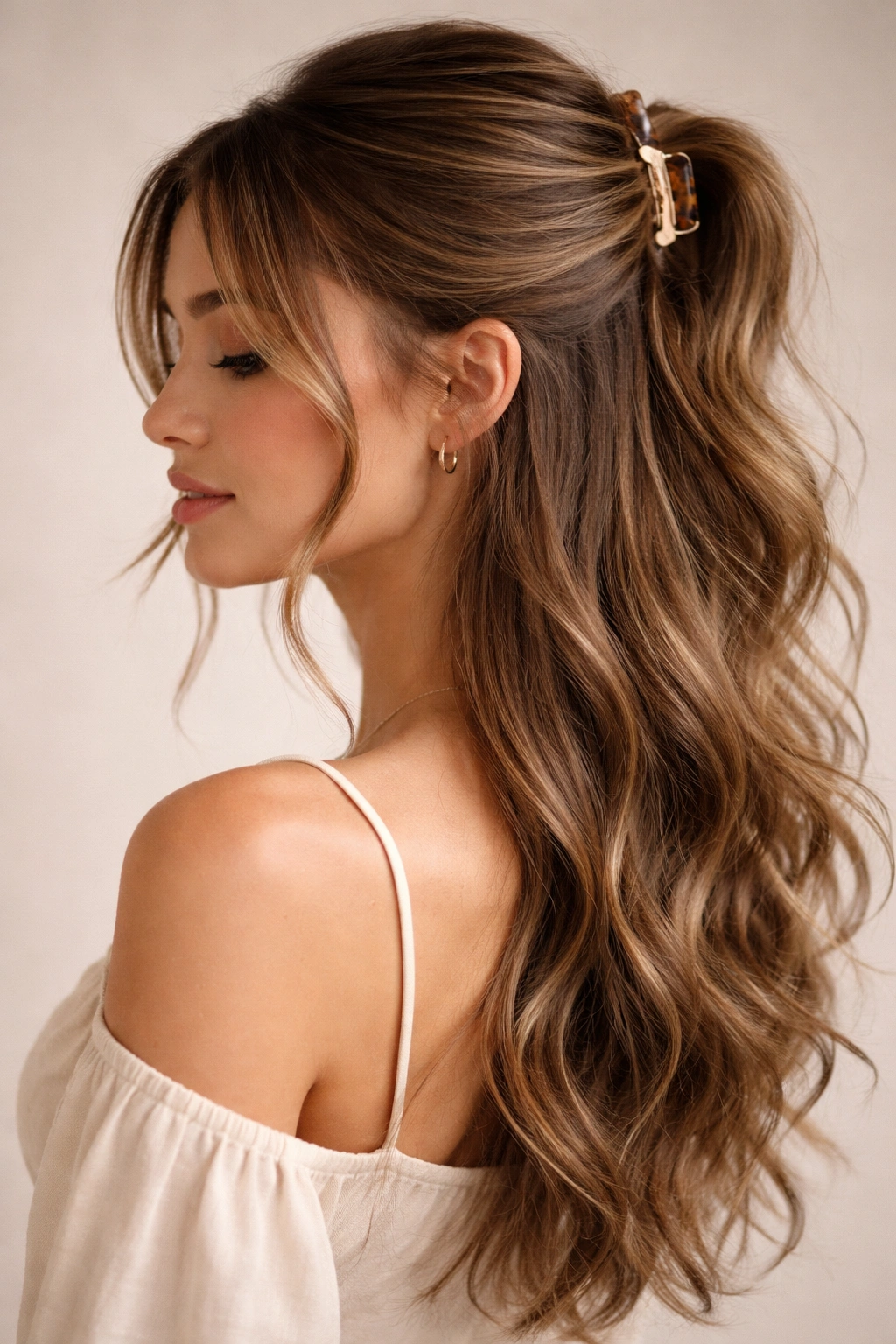 Portrait of half-up hairstyle with wispy face-framing layers at multiple heights