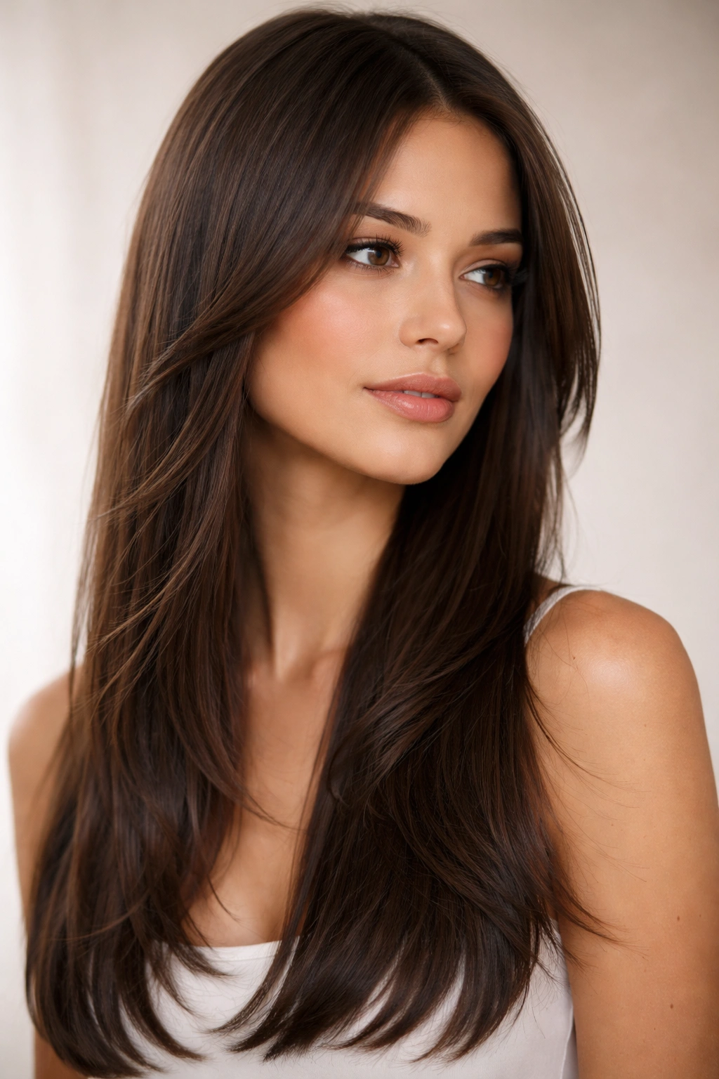 Close-up of straight hair with subtle wispy face-framing layers
